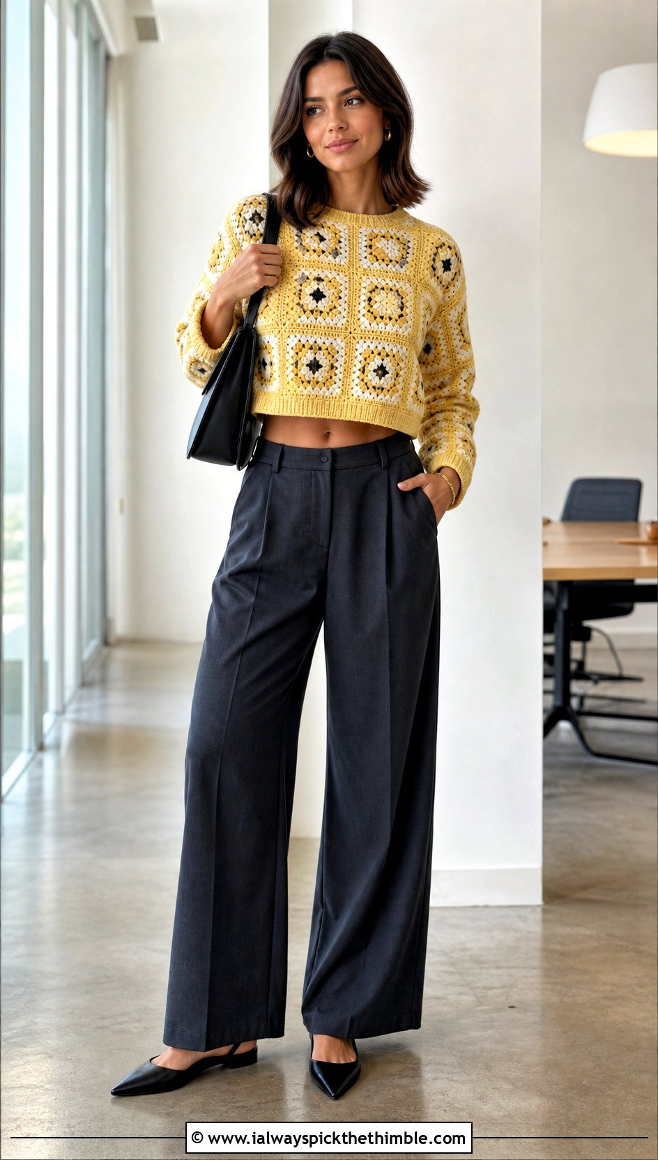 Cropped Granny Square Sweater With Wide Leg Trousers - 25 4 Granny Square Sweater outfit ideas