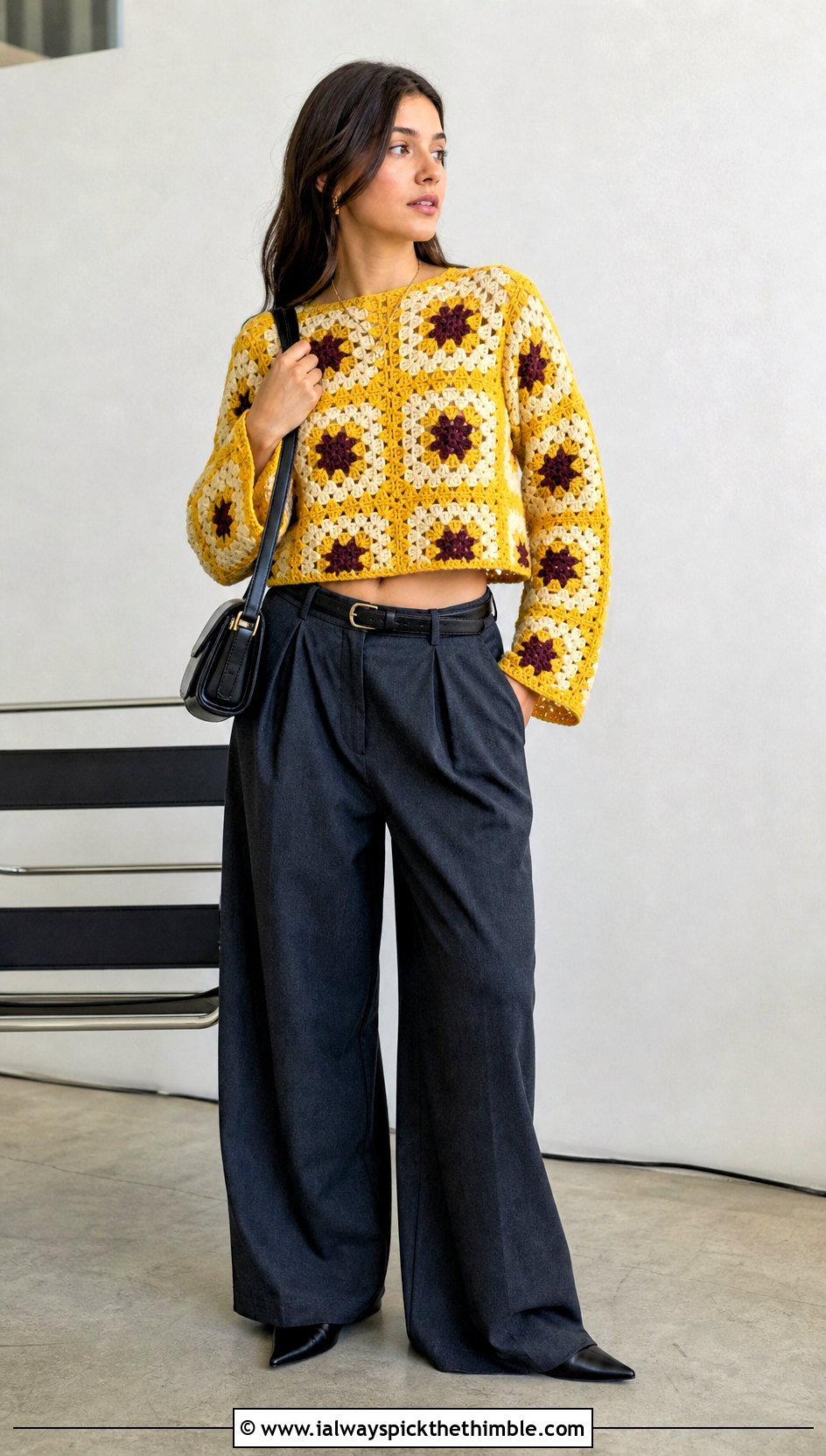 Cropped Granny Square Sweater With Wide Leg Trousers - 25 granny square sweater outfit ideas