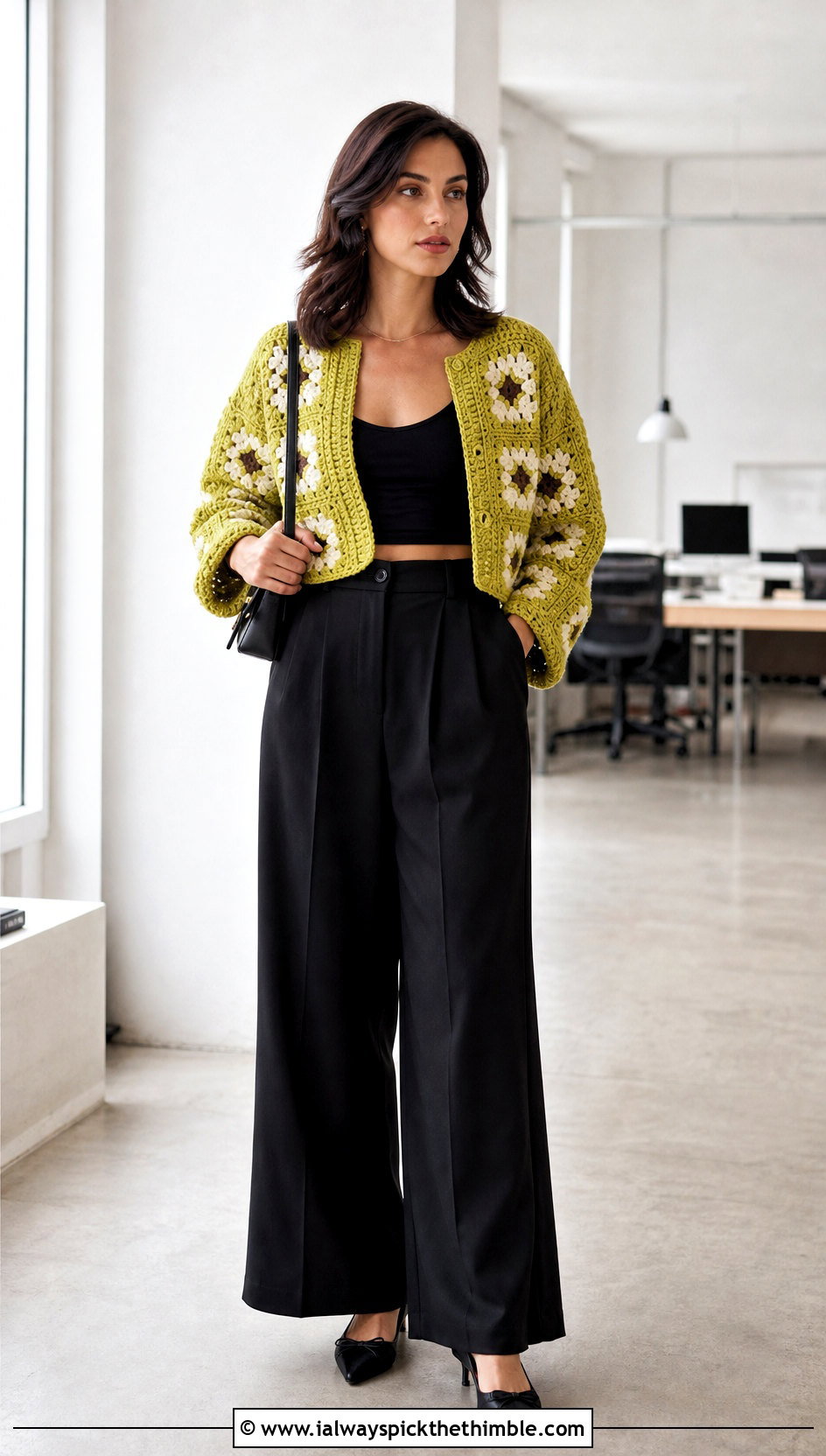 Cropped Granny Square Sweater With Wide Leg Trousers - 20 easy granny square sweater outfit ideas