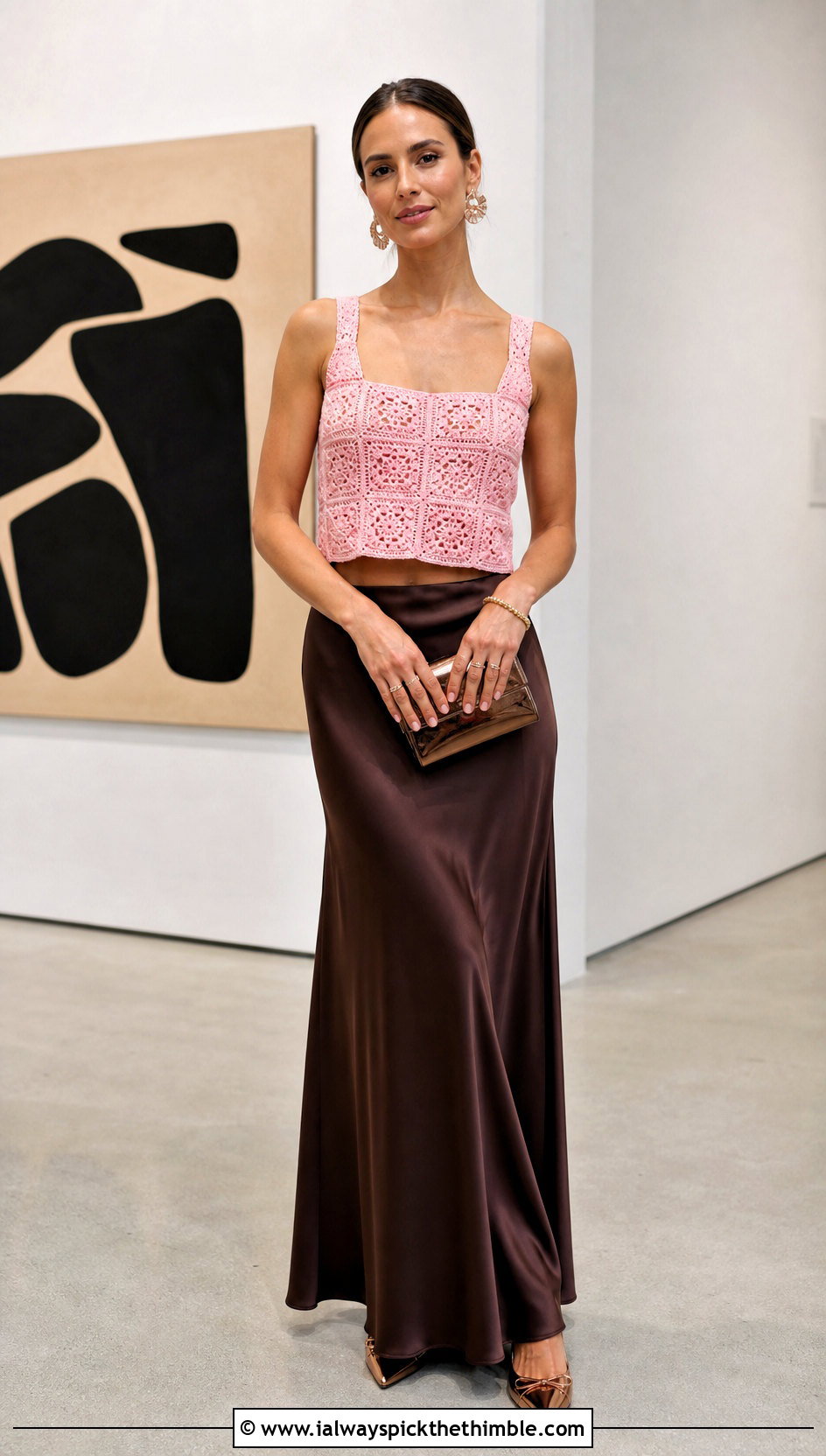 Cropped Granny Square Tank Top With Satin Maxi Skirt - 20 crochet granny tank top outfit ideas