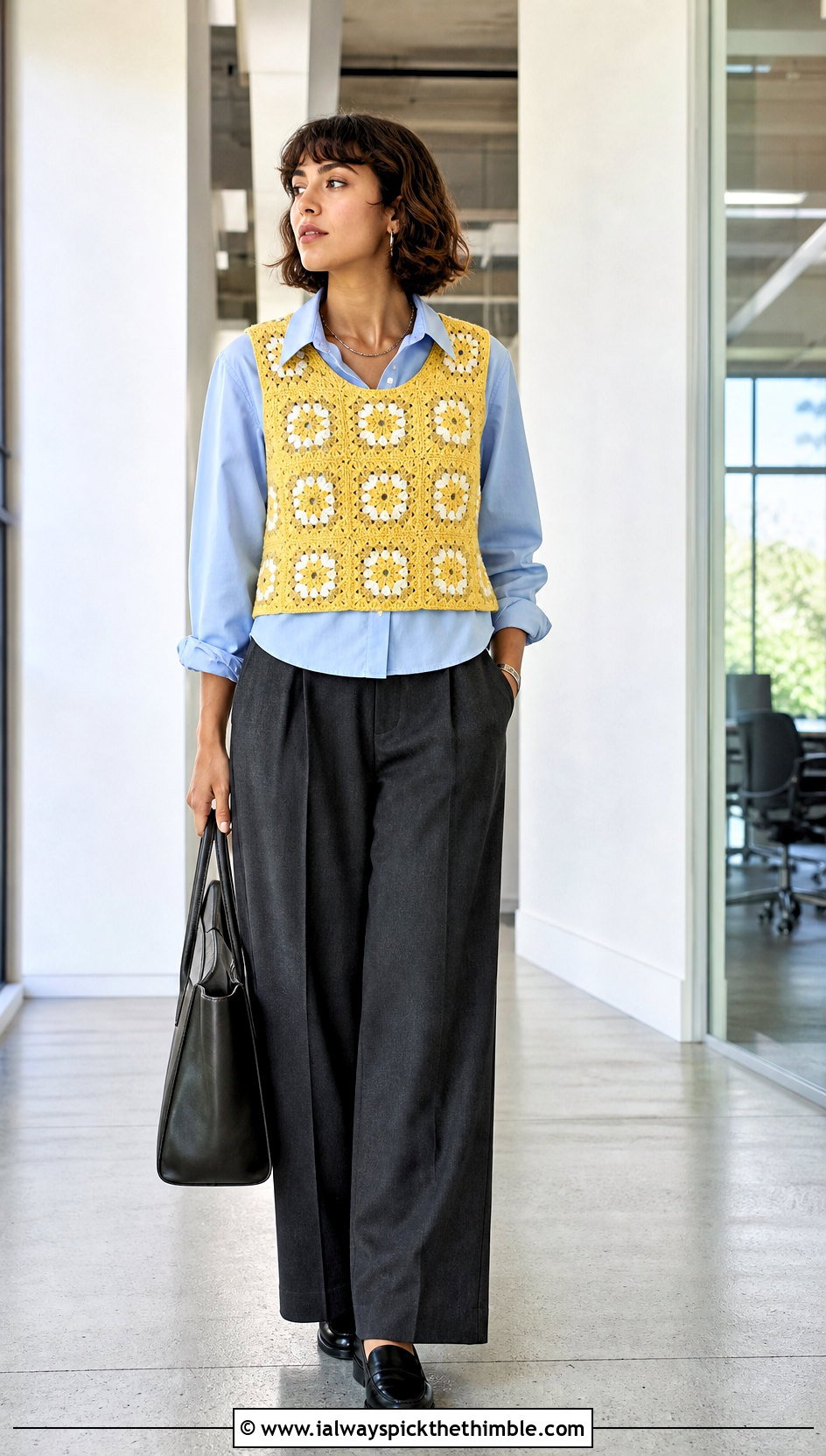 Cropped Granny Square Vest With Tailored Trousers - 20 Crochet Clothes With Granny Squares outfit ideas