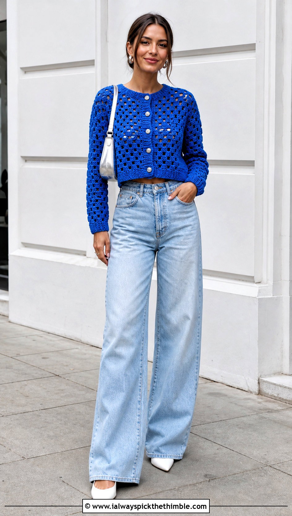 Cropped Granny Stitch Crochet Button Up Cardigan With Wide Leg Jeans - 20 Crochet Button Up Cardigan outfit ideas
