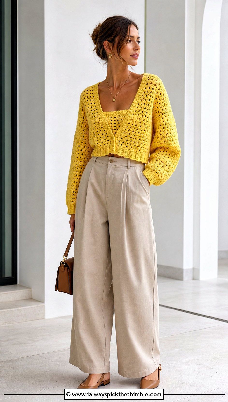 Cropped Granny Stitch Crochet V Neck Sweater With Wide Leg Trousers - 20 Crochet Vneck Sweater outfit ideas