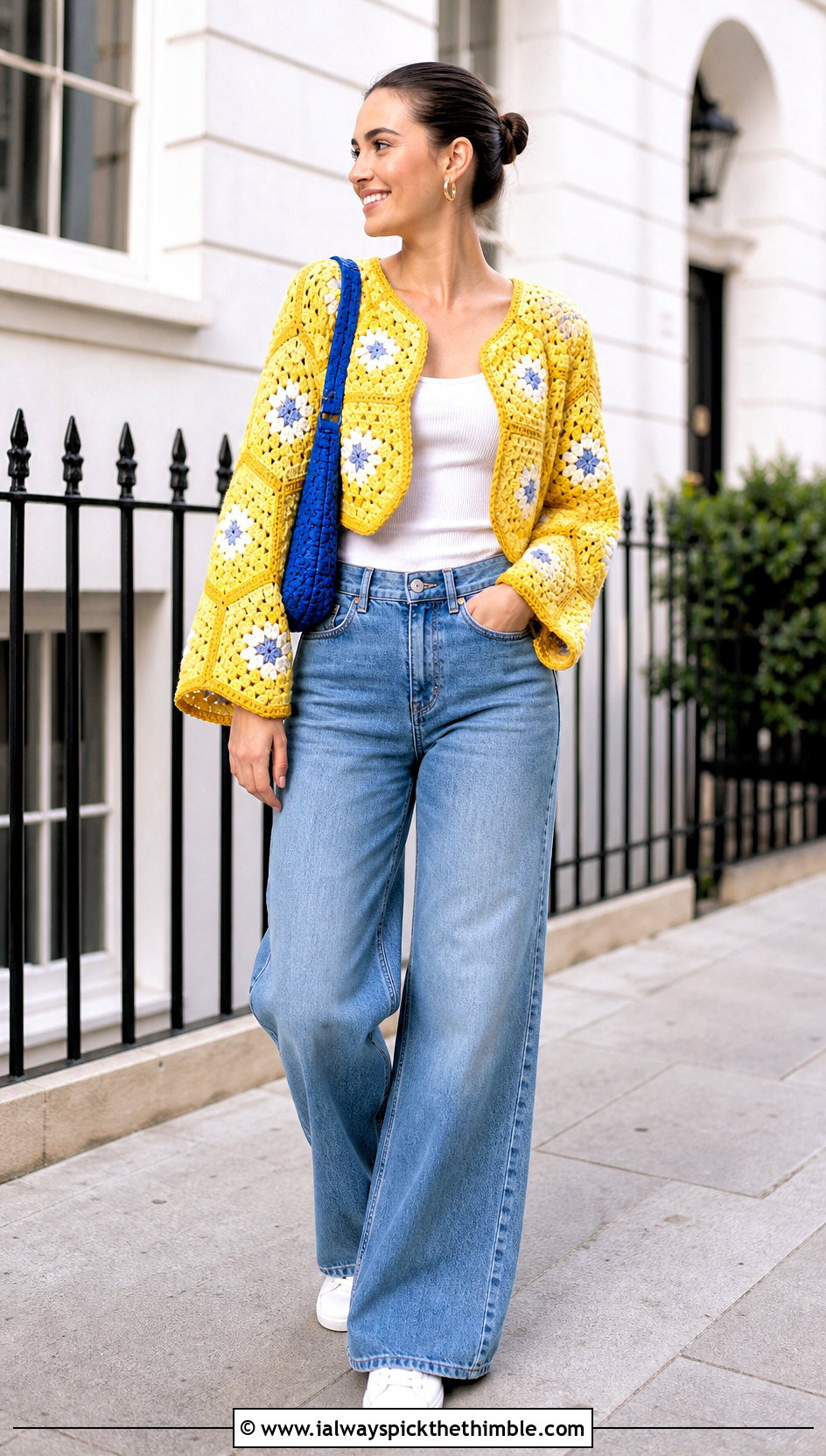 Cropped Granny Stitch Hexagon Sweater With Wide Leg Jeans - 25 crochet hexagon sweater outfit ideas