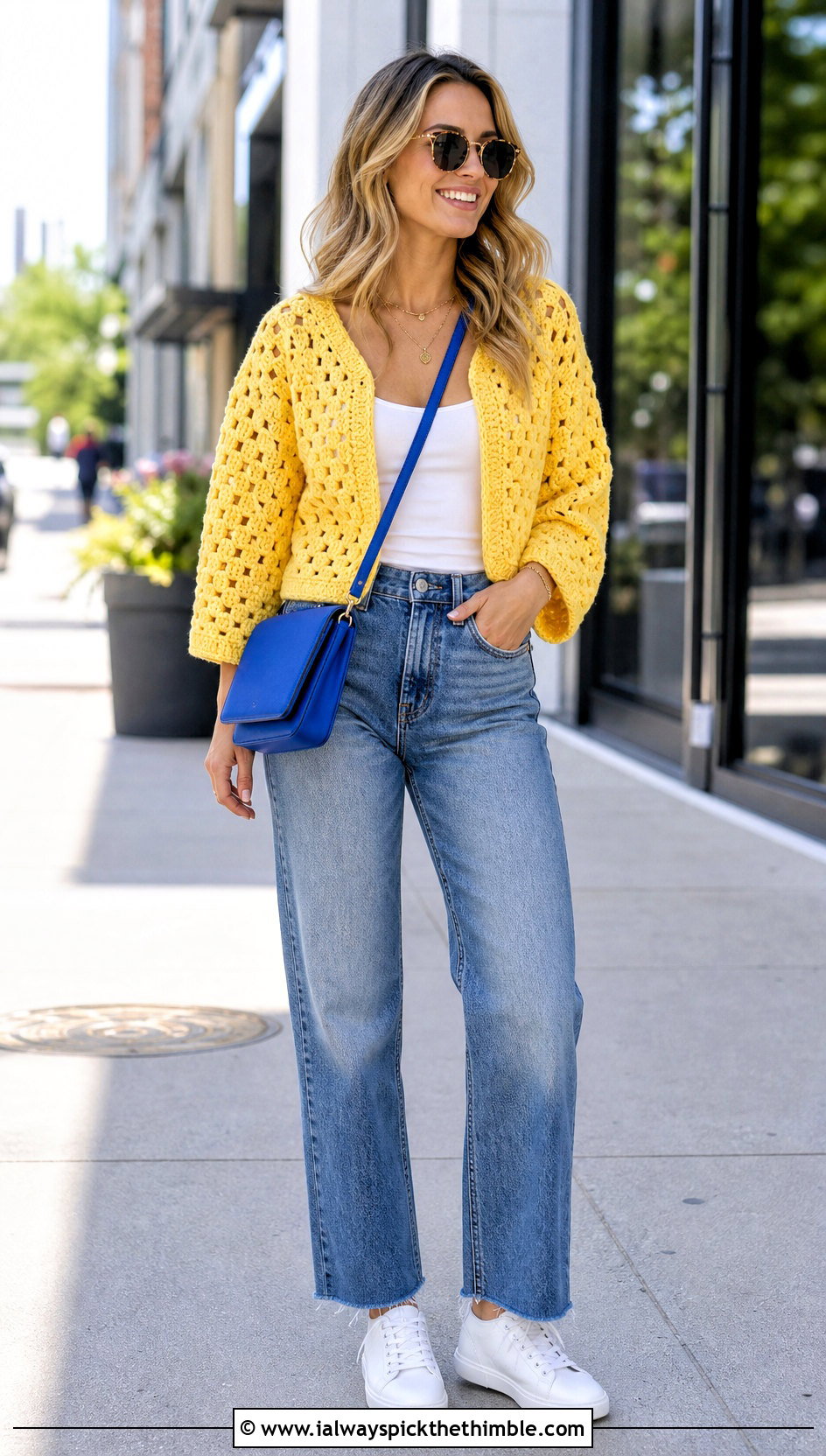 Cropped Granny Stitch Hexi Cardi With Straight Leg Jeans - 25 crochet hexi cardi outfit ideas