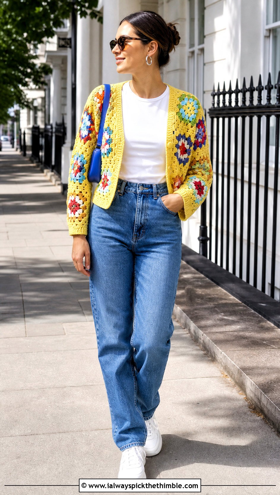 Cropped Granny Stitch Hexi Cardigan With Straight Leg Jeans - 25 crochet hexi cardigan outfit ideas