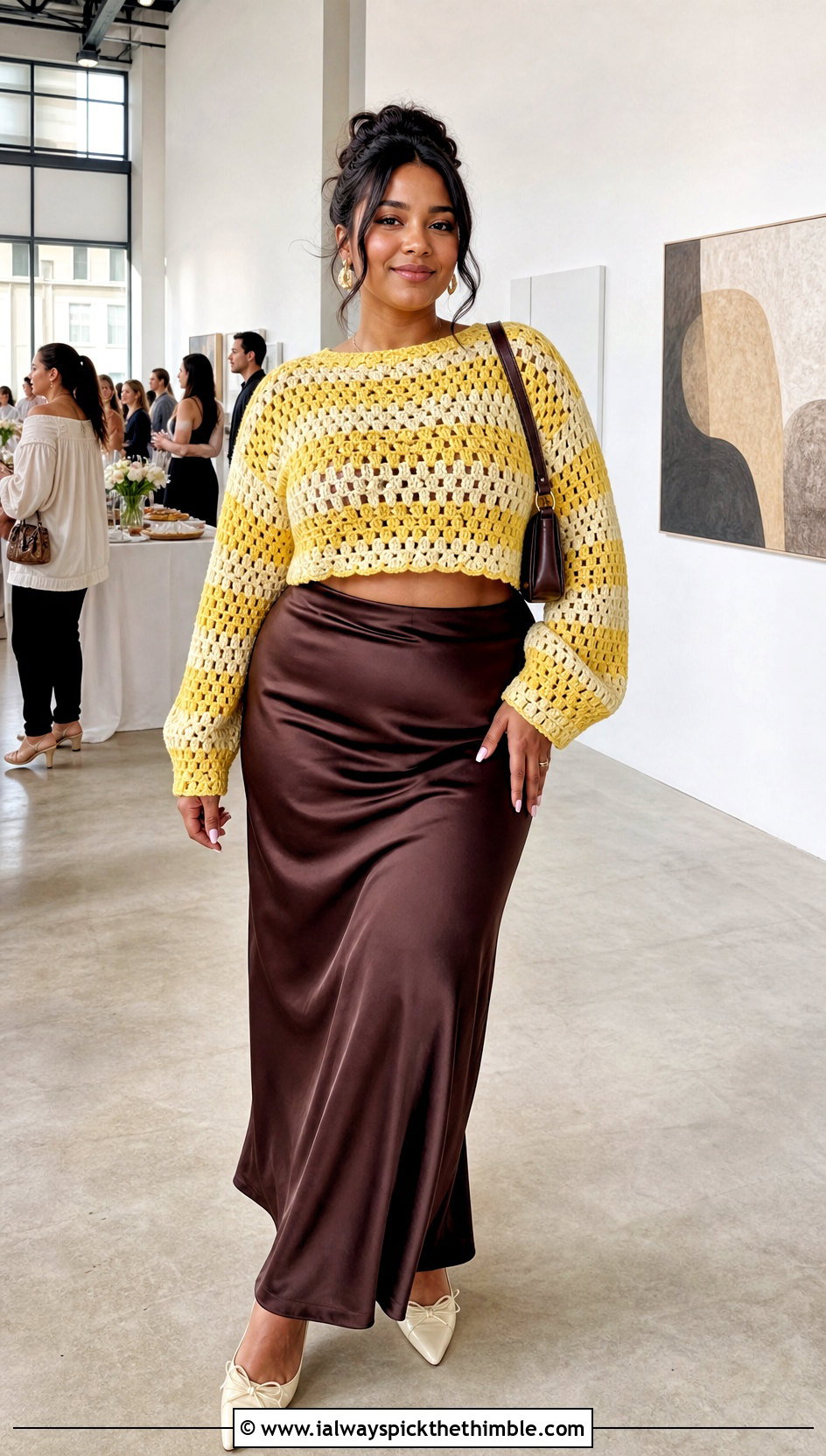 Cropped Granny Stripe Crochet Pullover With Satin Maxi Skirt - 15 love my granny crochet pullover outfit ideas