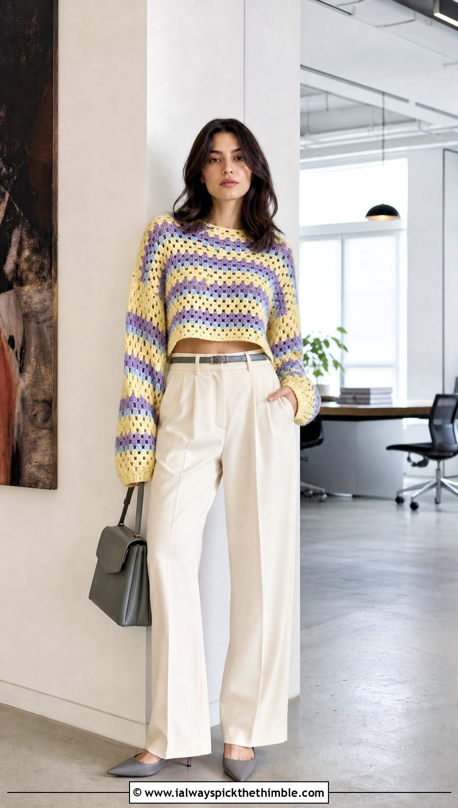 Cropped Granny Stripe Crochet Sweater With Wide Leg Trousers - 20 Granny Stripe Crochet Sweater outfit ideas