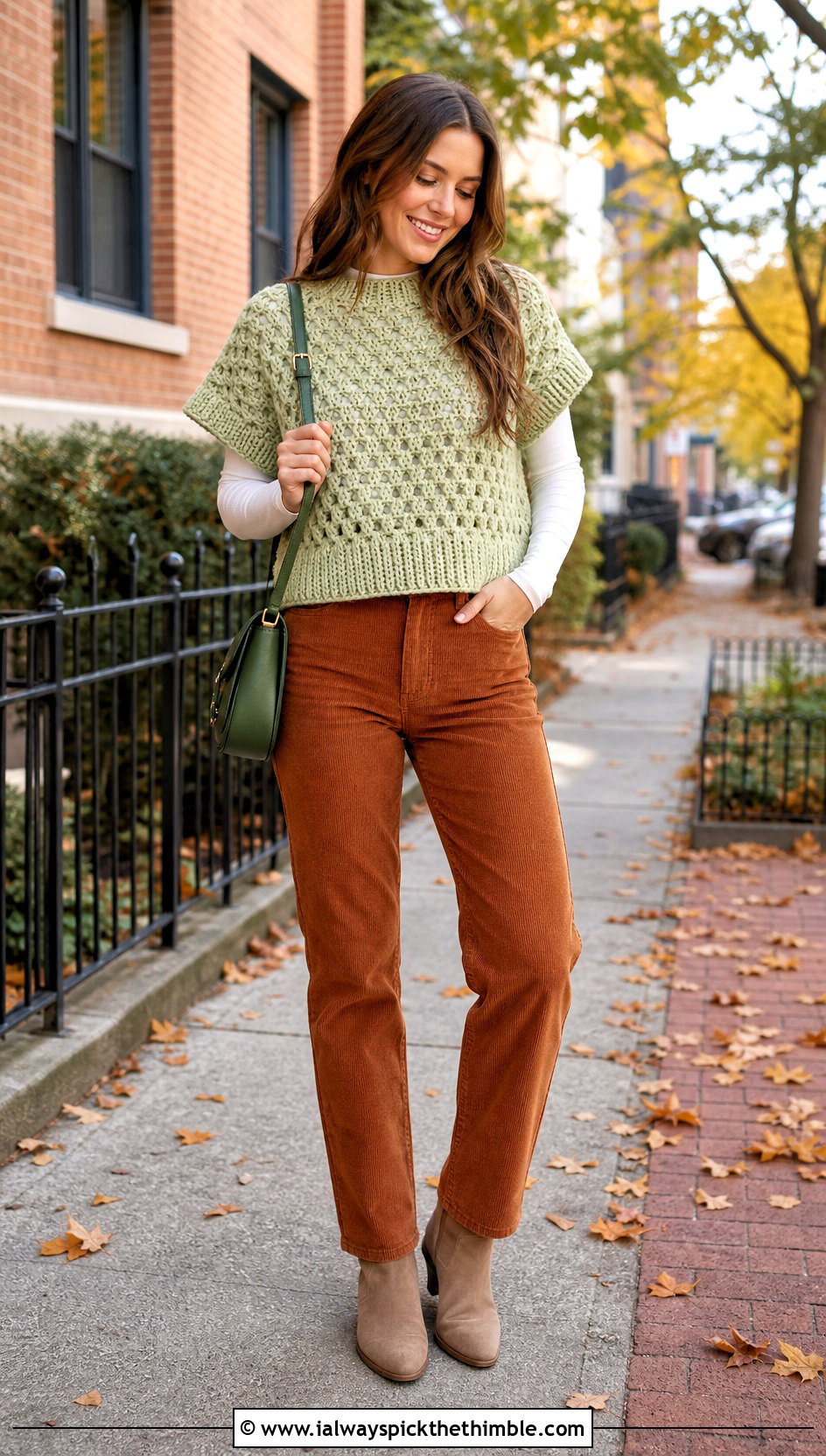 Cropped Granny Sweater Top With Corduroy Pants - 20 crochet granny top outfit ideas