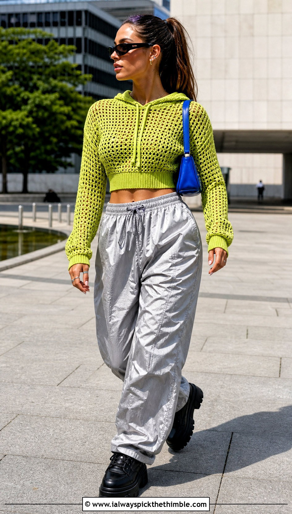 Cropped Green Crochet Hoodie With Parachute Pants - 25 green crochet sweater outfit ideas