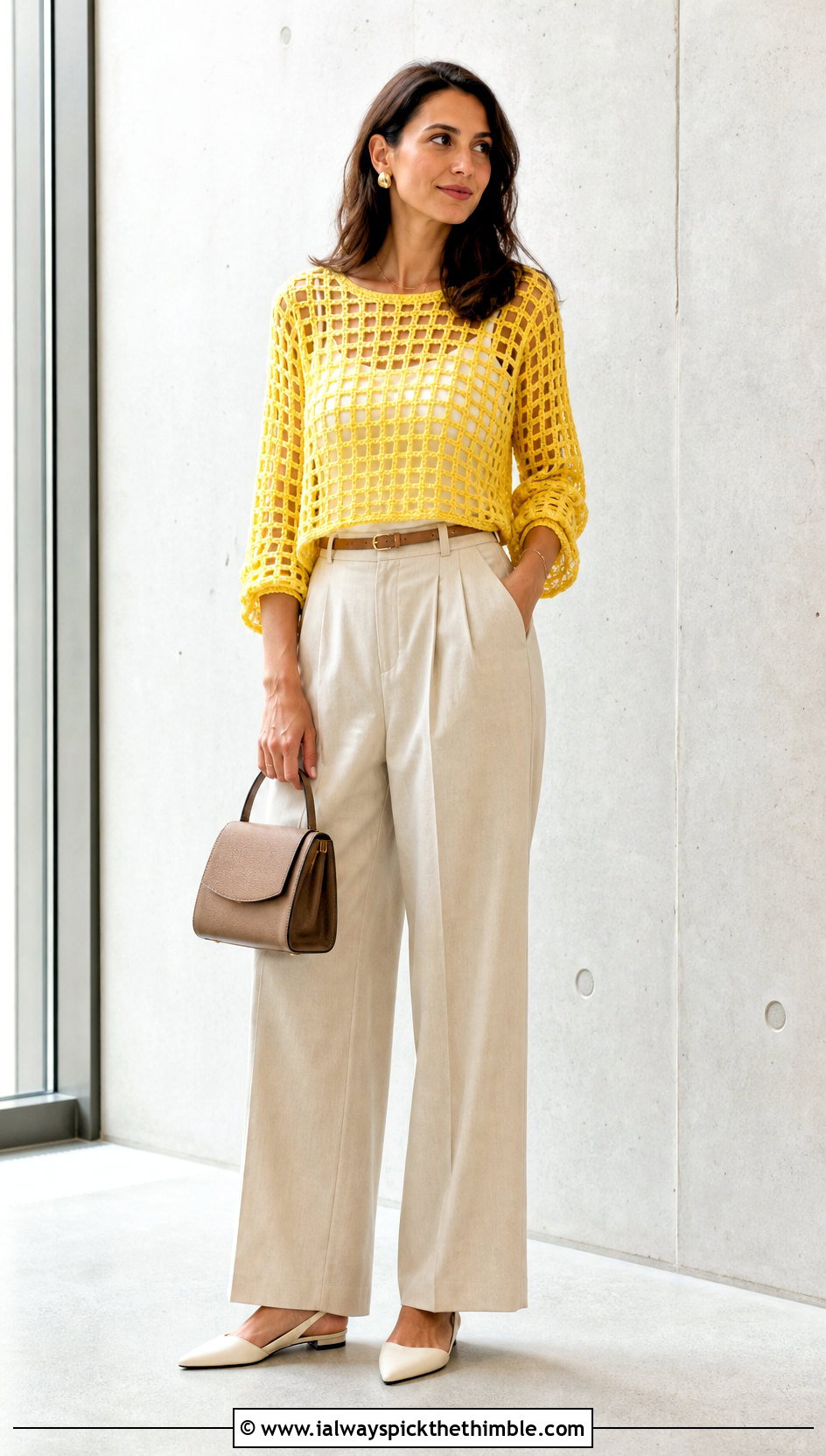 Cropped Grid Crochet Sweater With Wide Leg Trousers - 15 grid crochet sweater design outfit ideas