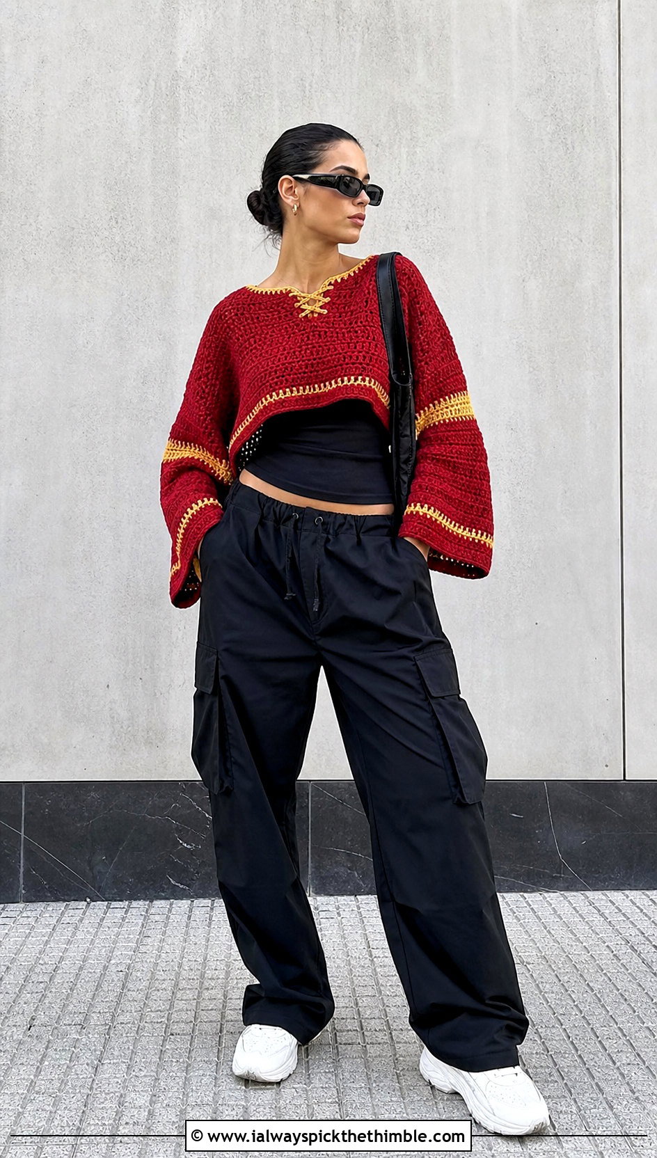 Cropped Gryffindor Drop Shoulder Crochet Sweater With Cargo Pants - 20 Harry Potter Crochet Sweater outfit ideas