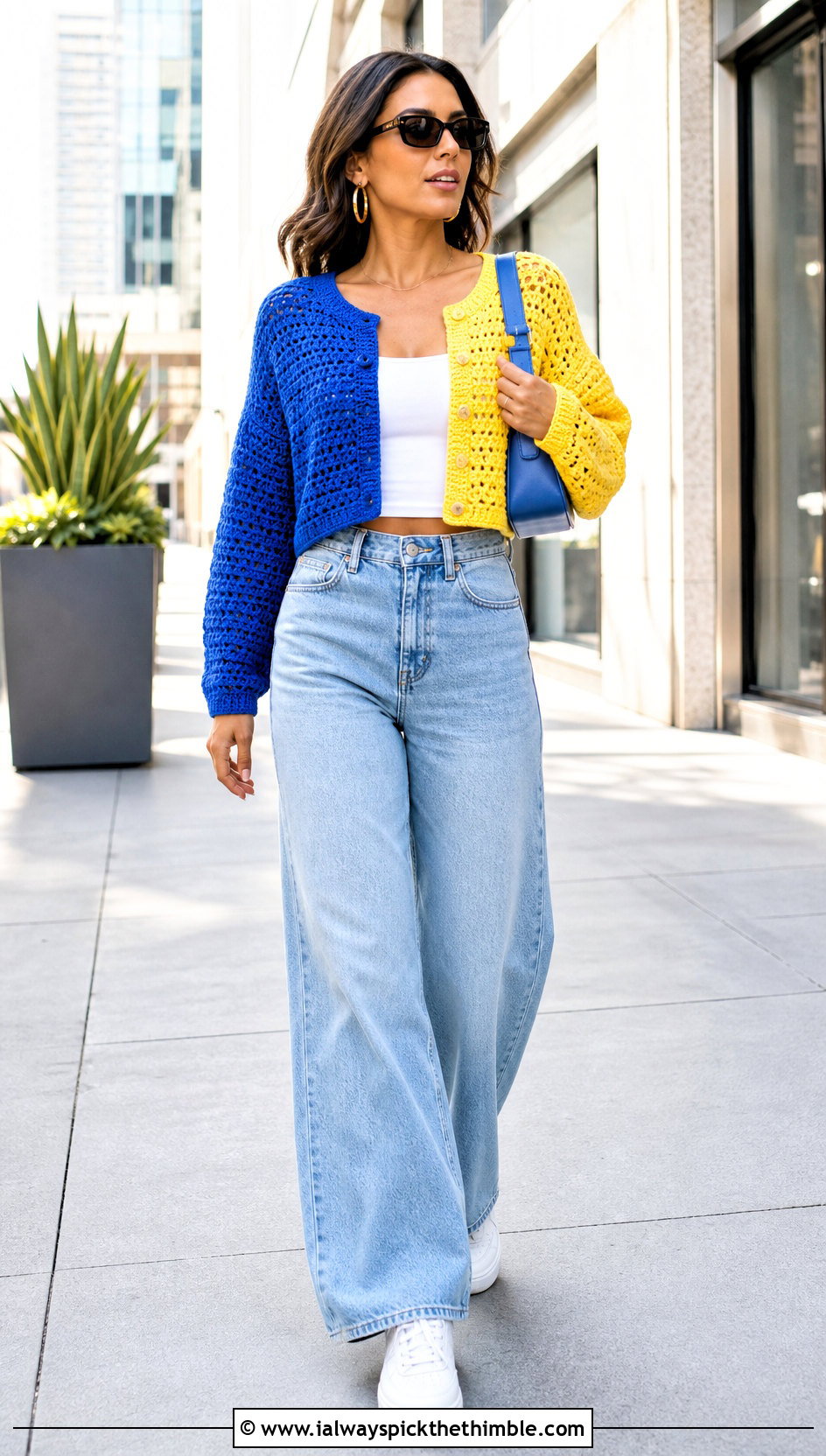 Cropped Half And Half Crochet Cardigan With Wide Leg Jeans - 20 Half And Half Crochet Cardigan outfit ideas