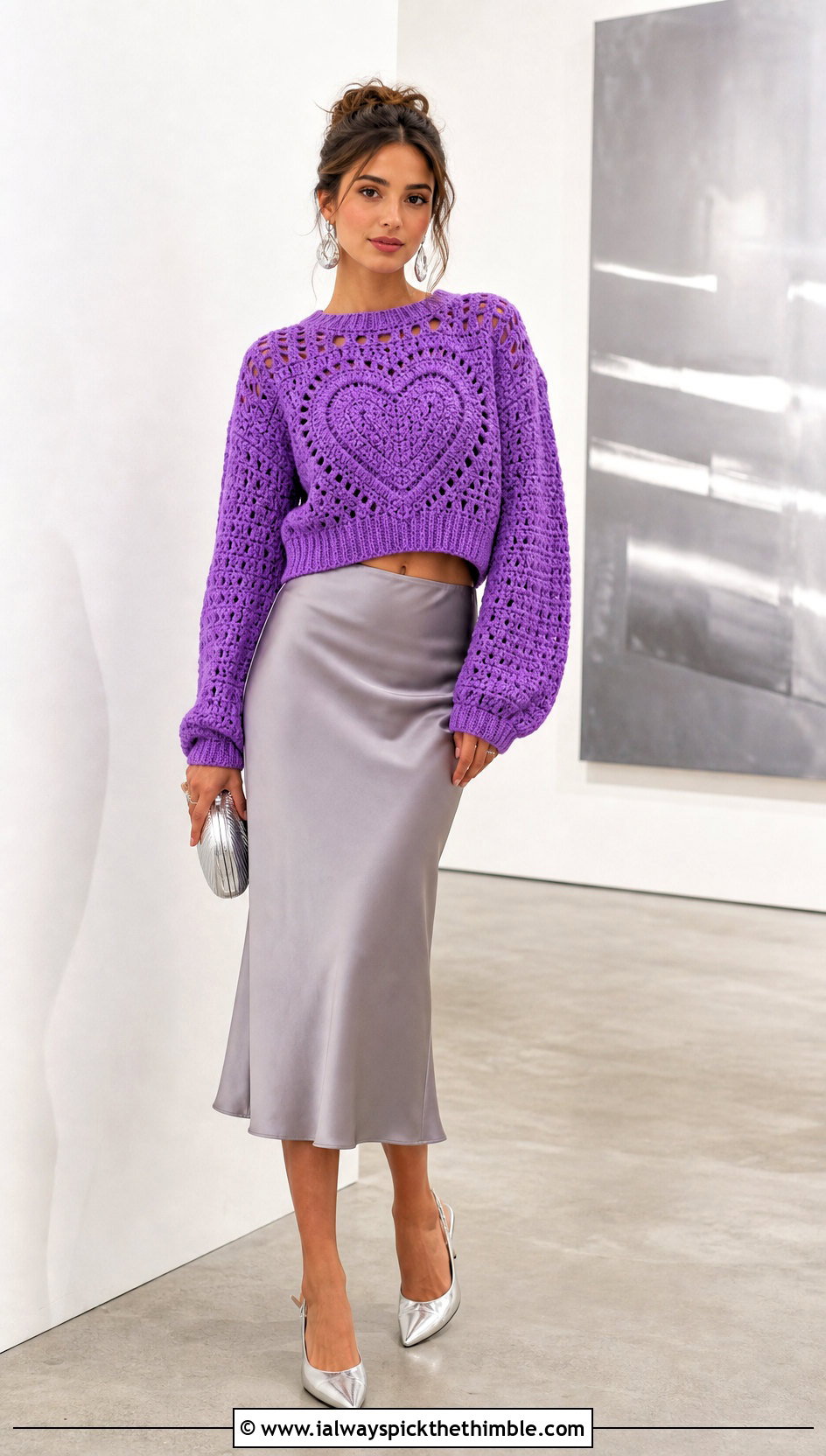 Cropped Heart Crochet Sweater With Satin Midi Skirt - 15 sweetheart crochet sweater outfit ideas