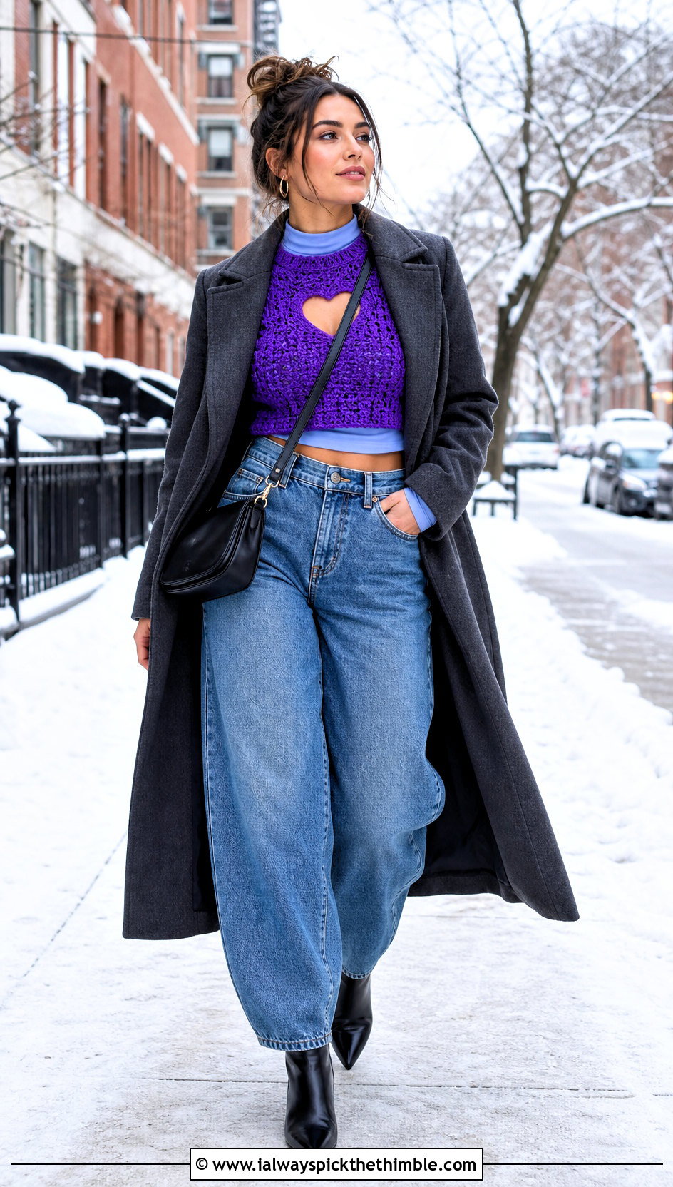 Cropped Heart Cutout Crochet Sweater With Barrel Jeans - 20 heart cutout crochet top outfit ideas