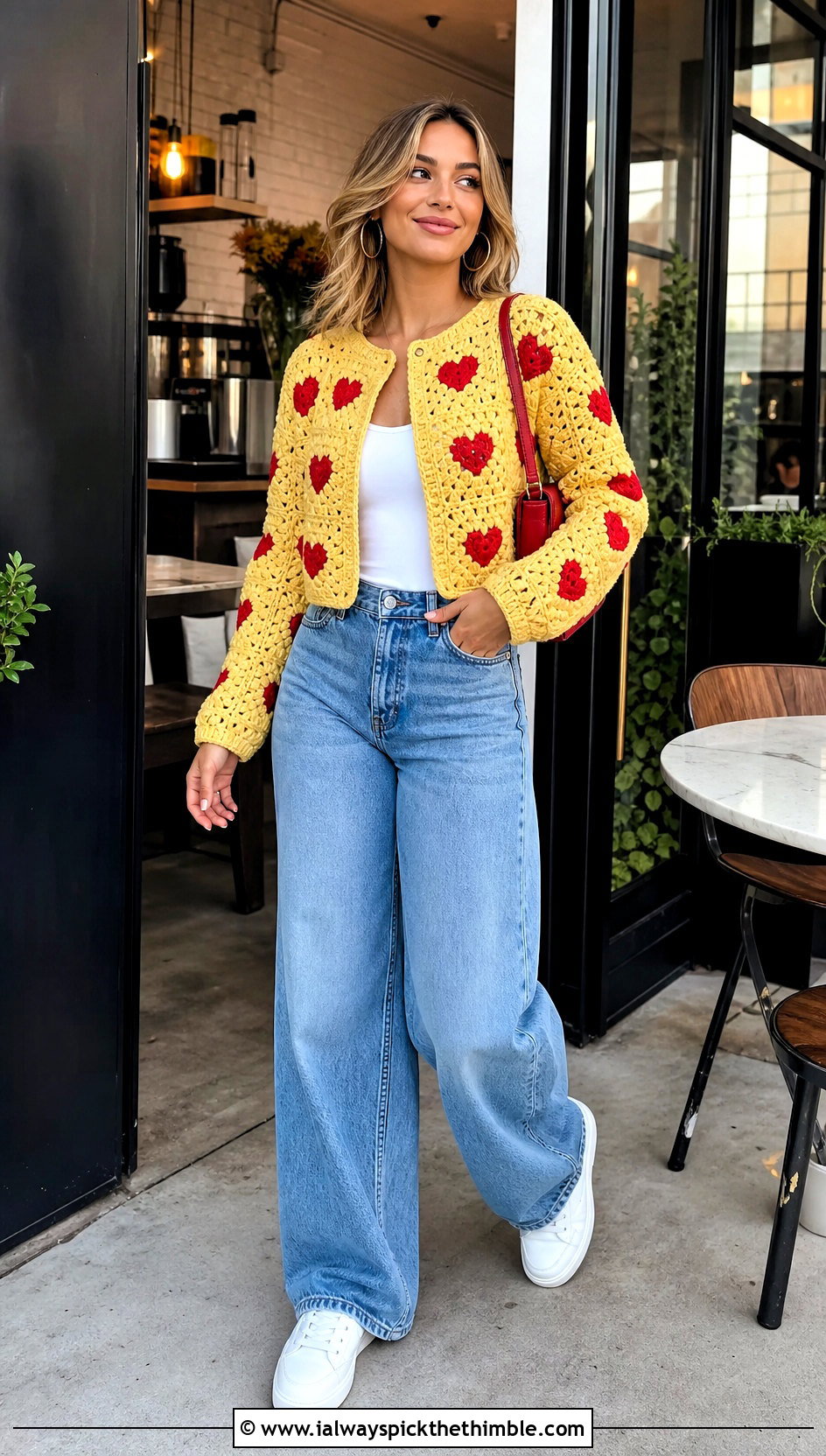 Cropped Heart Granny Square Cardigan With Wide Leg Jeans - 25 crochet heart cardigan outfit ideas
