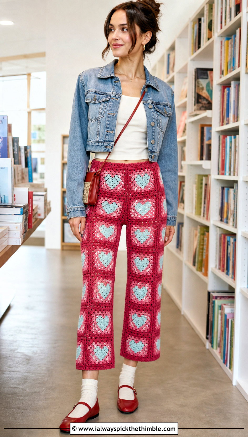 Cropped Heart Granny Square Pants With Denim Jacket - 20 heart granny square pants outfit ideas