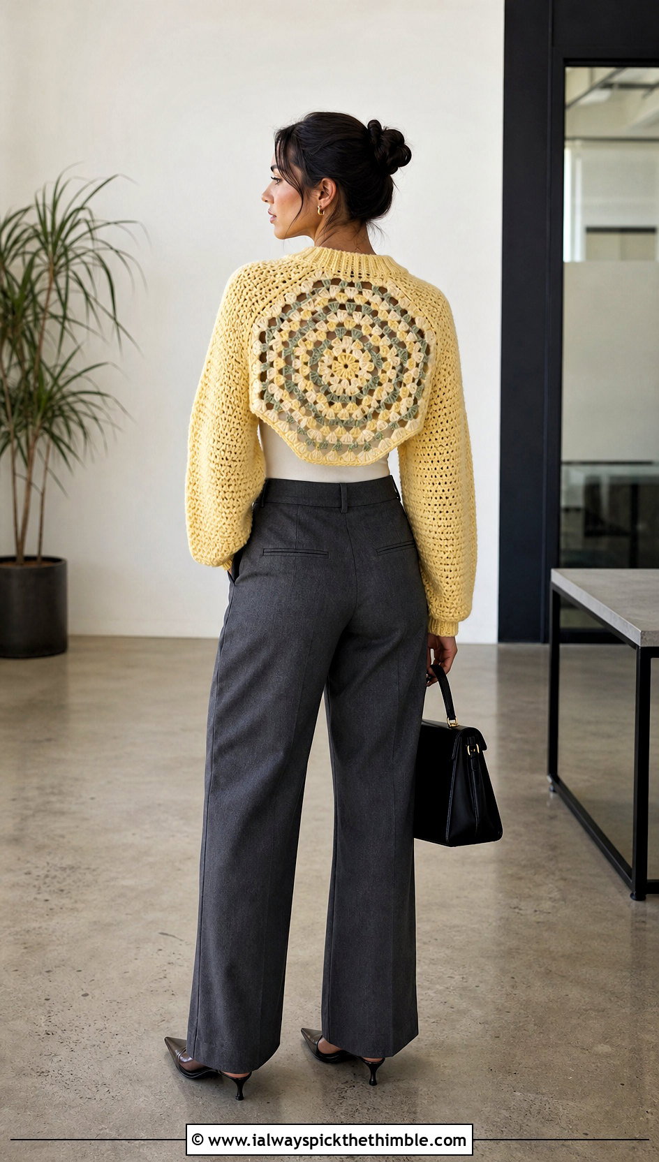 Cropped Hexagon Cardigan With Granny Square Back And Wide Leg Trousers - 20 Hexagon Cardigan With Granny Square Back outfit ideas
