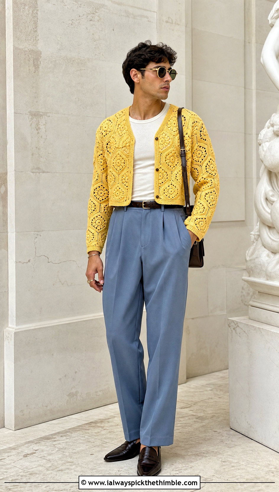 Cropped Hexagon Cardigan With High Waisted Trousers - 25 men hexagon crochet cardigan outfit ideas