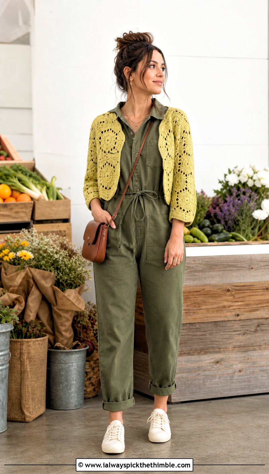 Cropped Hexagon Cardigan With Utility Jumpsuit - 25 crochet hexagon sweater outfit ideas