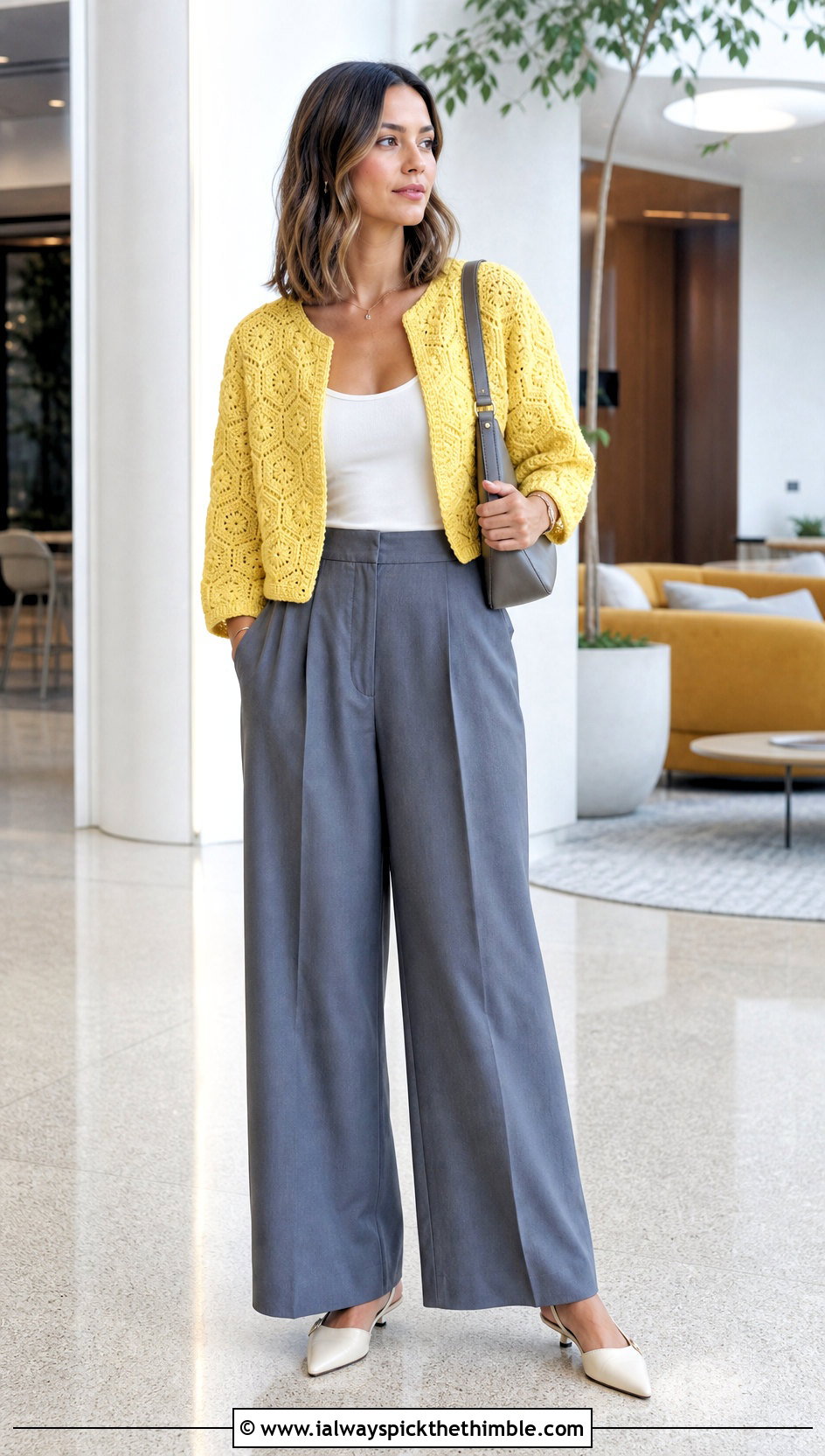 Cropped Hexagon Cardigan With Wide Leg Trousers - 25 crochet hexagon cardigan outfit ideas
