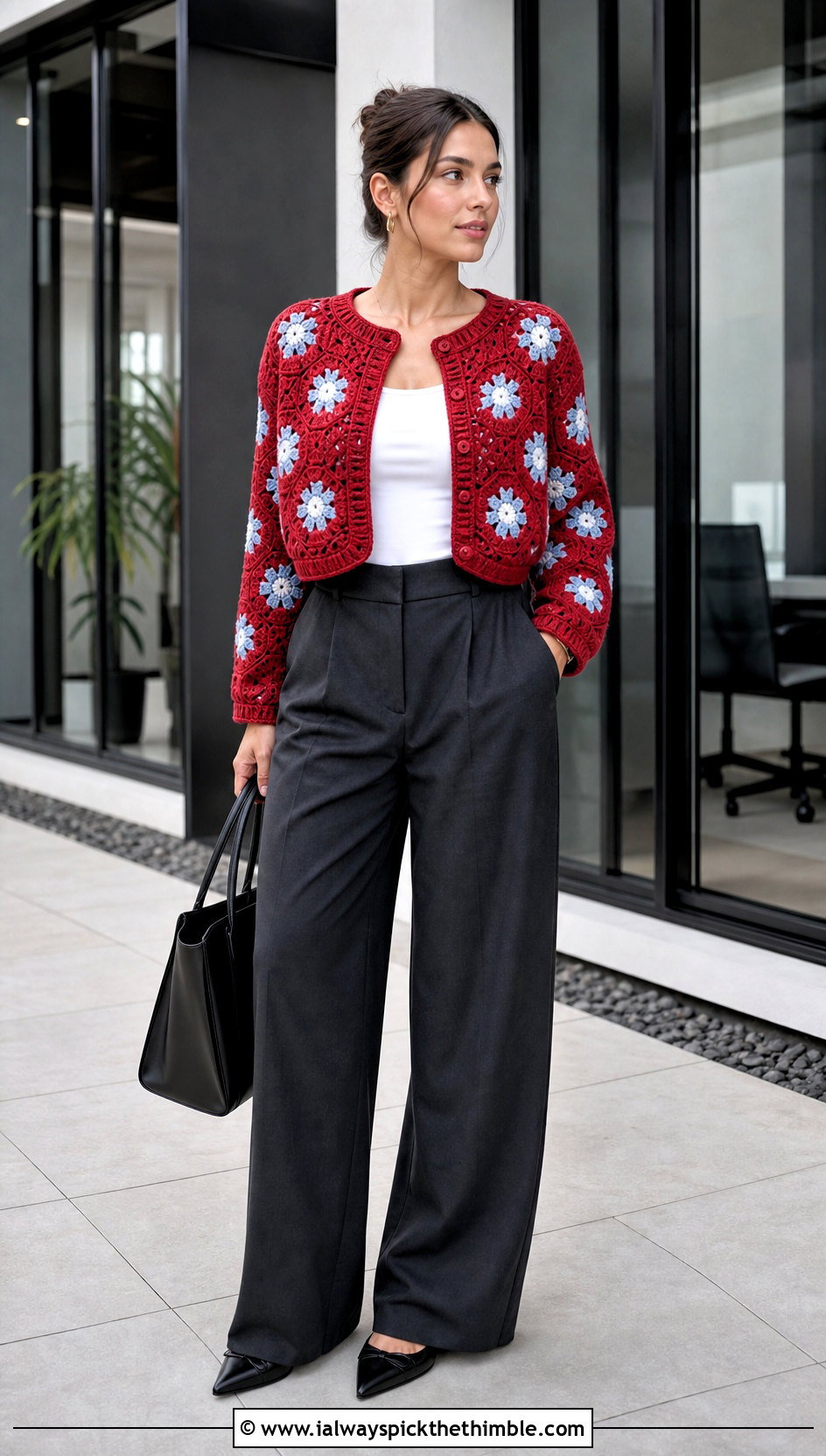 Cropped Hexagon Crochet Cardigan With High Waisted Trousers - 20 Hexagon Crochet Cardigan With Granny Squares outfit ideas