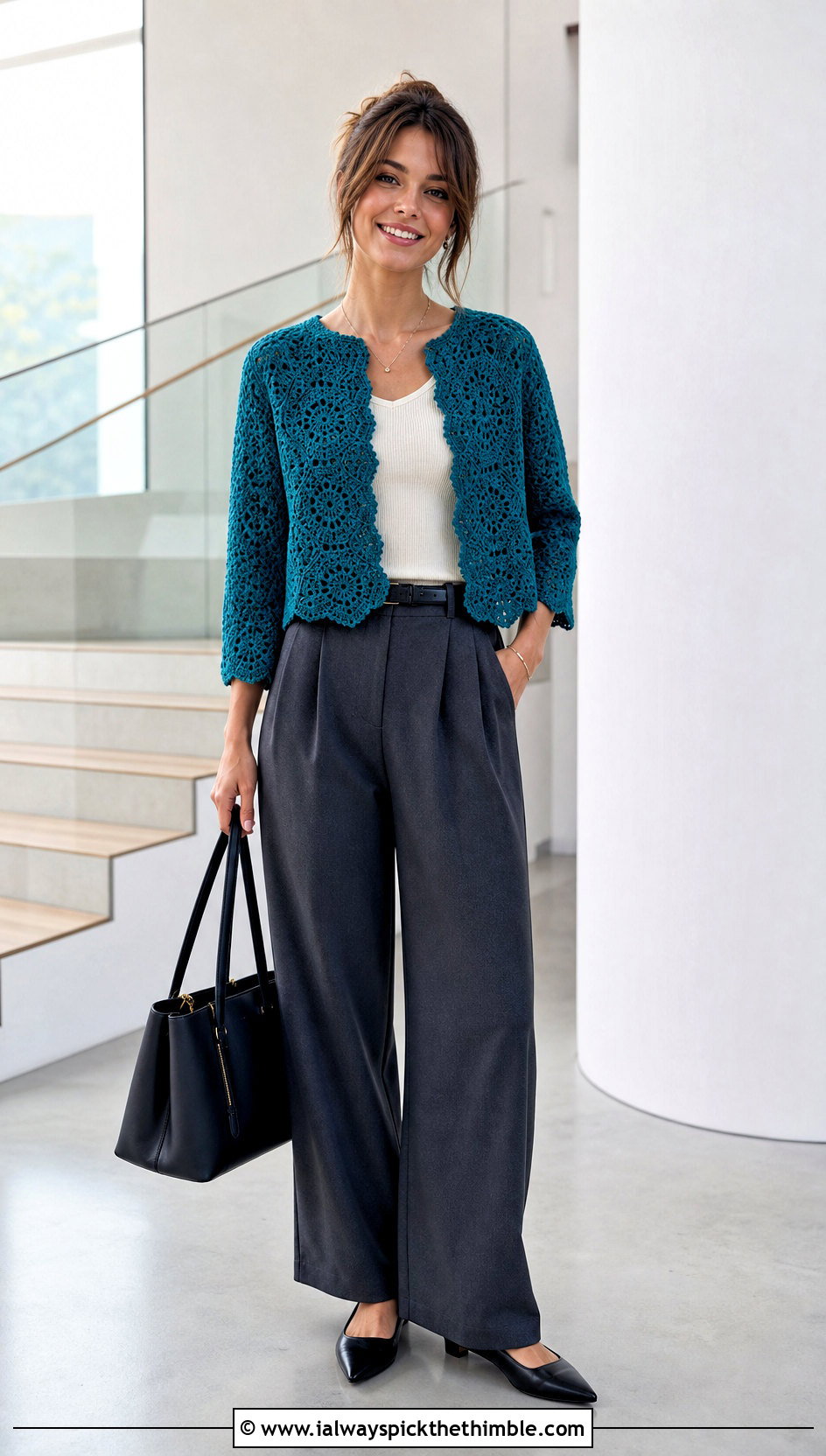Cropped Hexagon Crochet Cardigan With Tailored Trousers - 15 Couch Crochet Cardigan outfit ideas