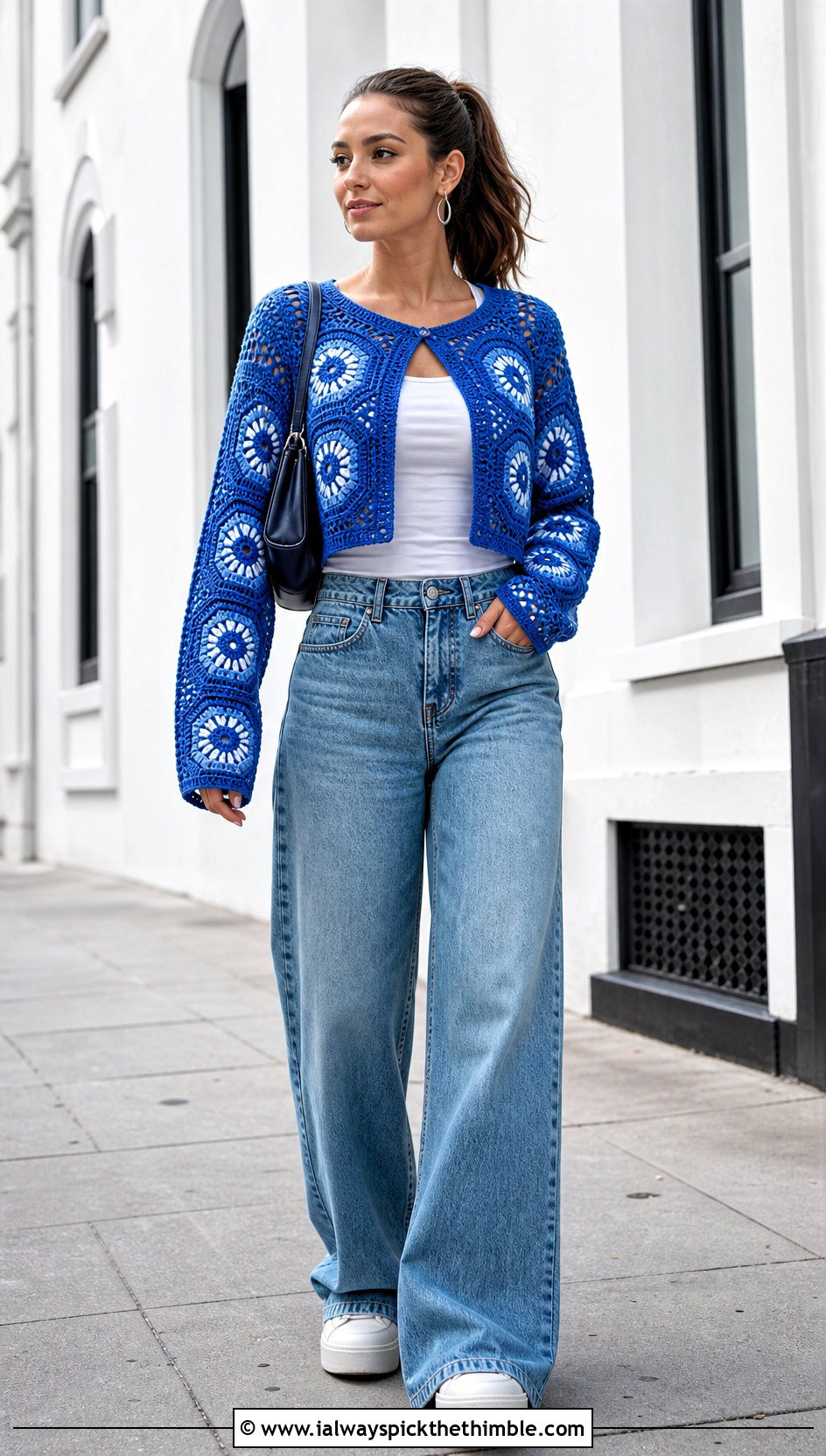 Cropped Hexagon Granny Square Cardigan With Wide Leg Jeans - 25 hexagon granny square cardigan outfit ideas