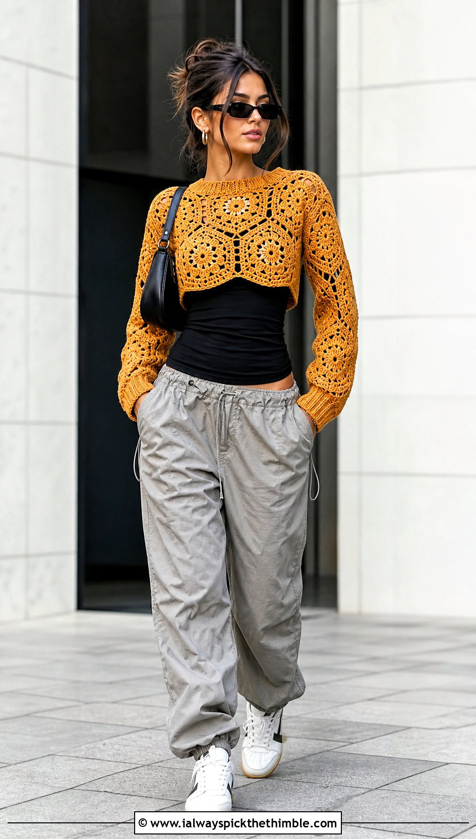Cropped Hexagon Granny Square Pullover With Parachute Pants - 25 hexagon granny square sweater outfit ideas