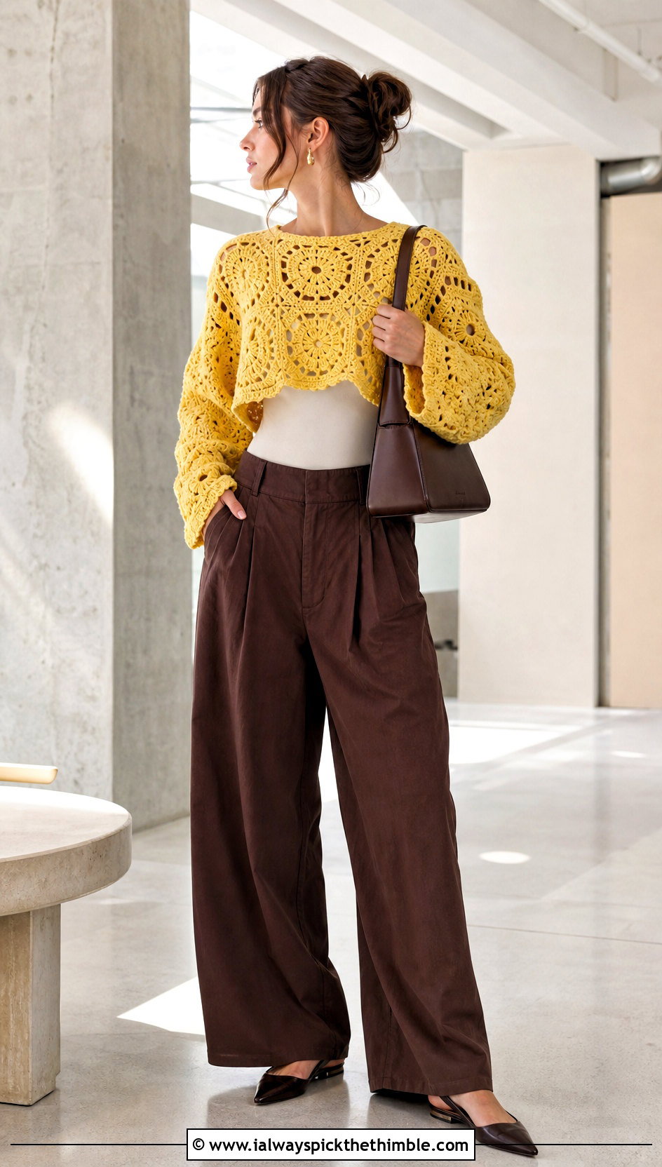 Cropped Hexagon Granny Square Pullover With Wide Leg Trousers - 20 Hexagon Granny Square Pullover outfit ideas