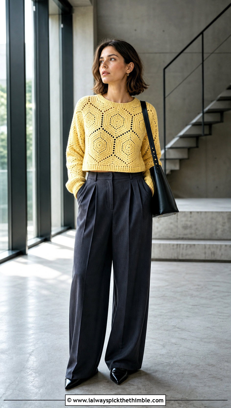 Cropped Hexagon Pullover With Tailored Trousers - 25 crochet hexagon pullover outfit ideas