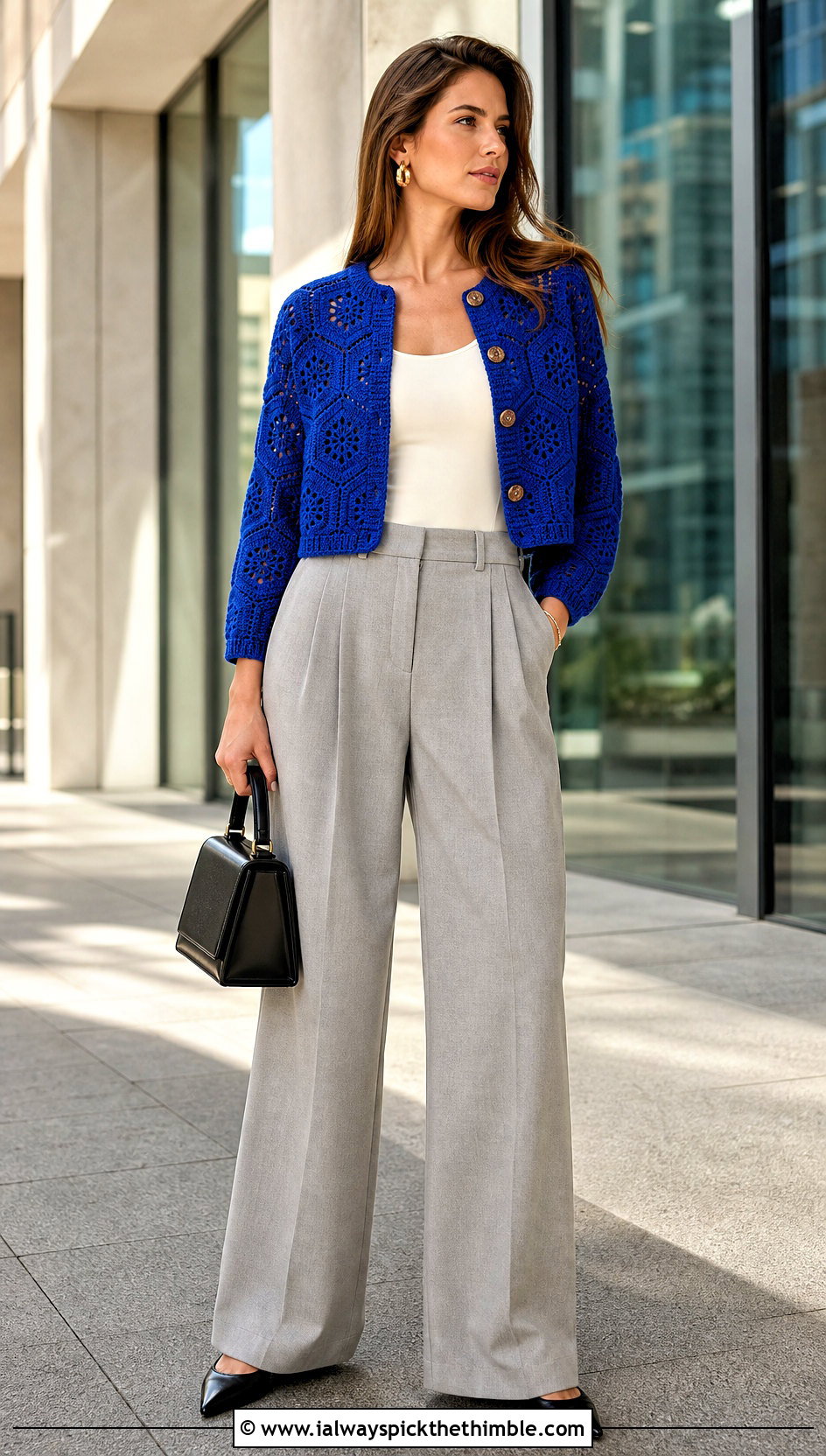 Cropped Hexi Crochet Cardigan With Wide Leg Trousers - 25 hexi crochet cardigan outfit ideas