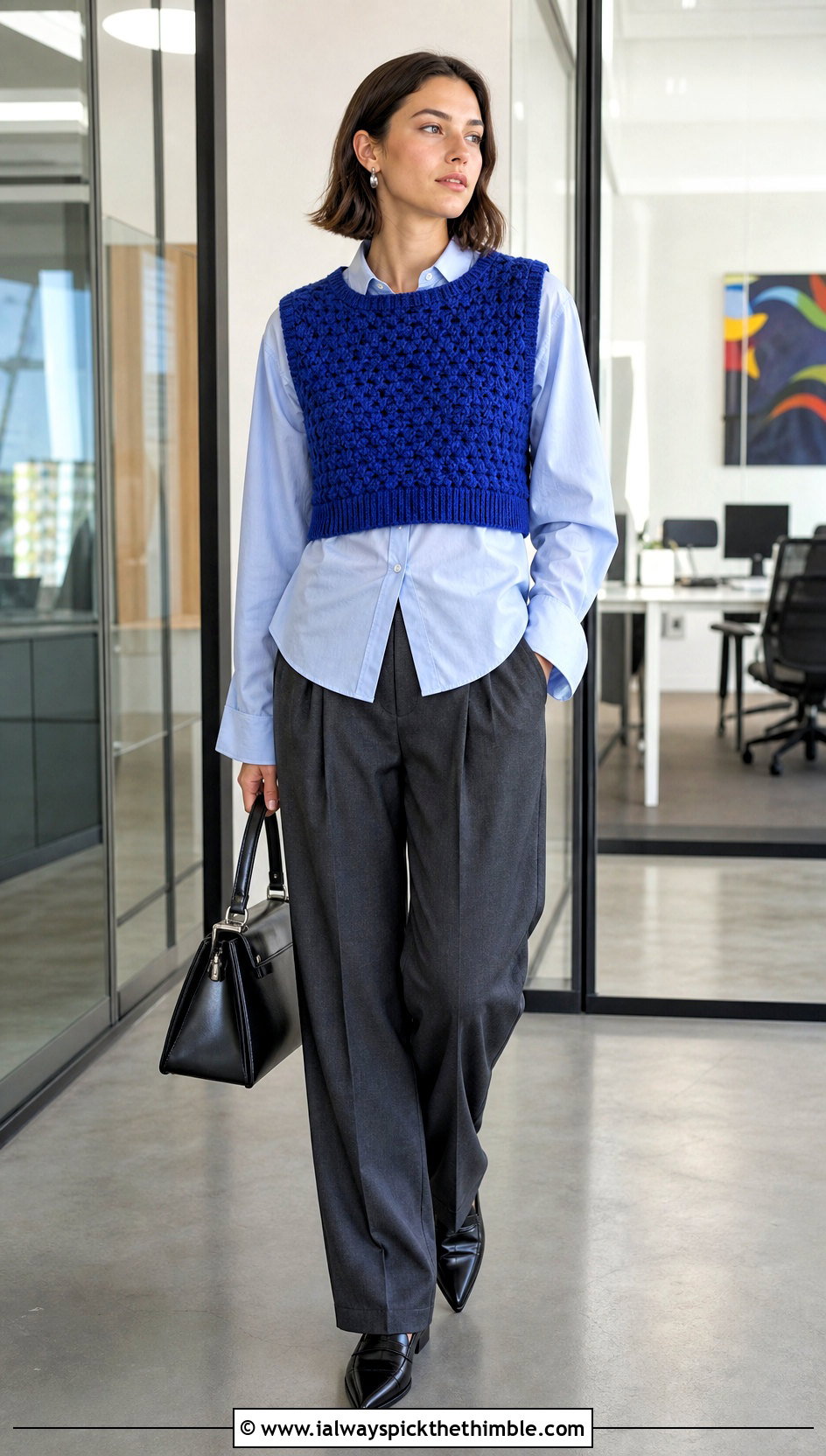 Cropped Honeycomb Tunisian Crochet Sweater Vest With Pleated Trousers - 20 tunisian crochet sweater vest outfit ideas