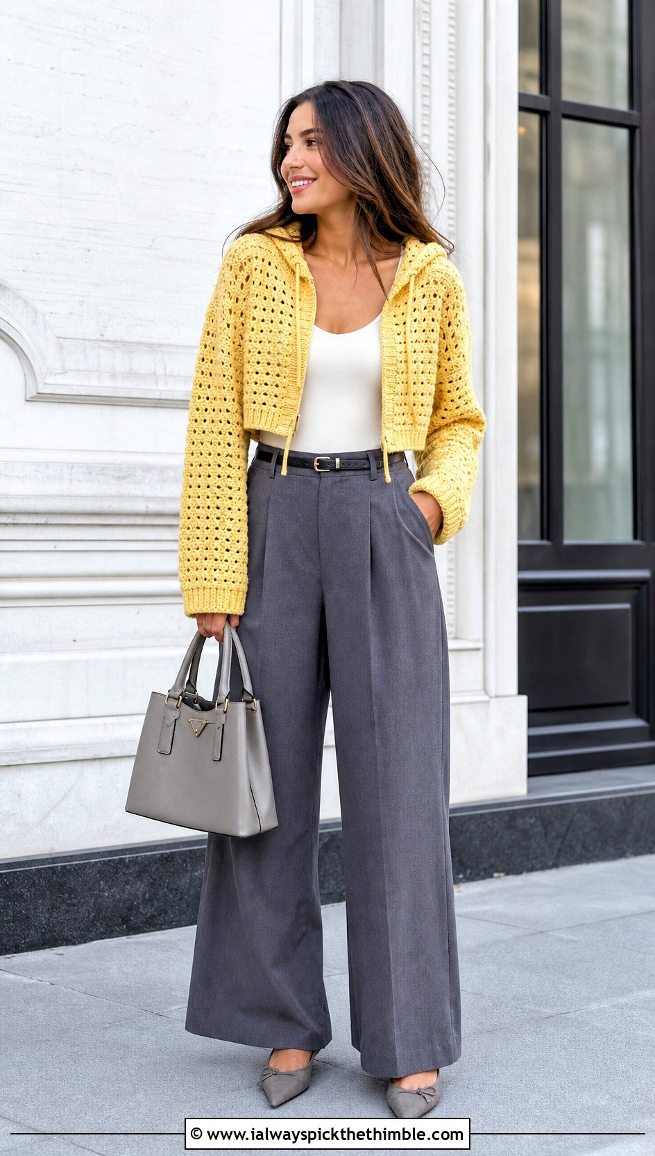 Cropped Hooded Crochet Cardigan With Wide Leg Trousers - 25 hooded crochet cardigan outfit ideas
