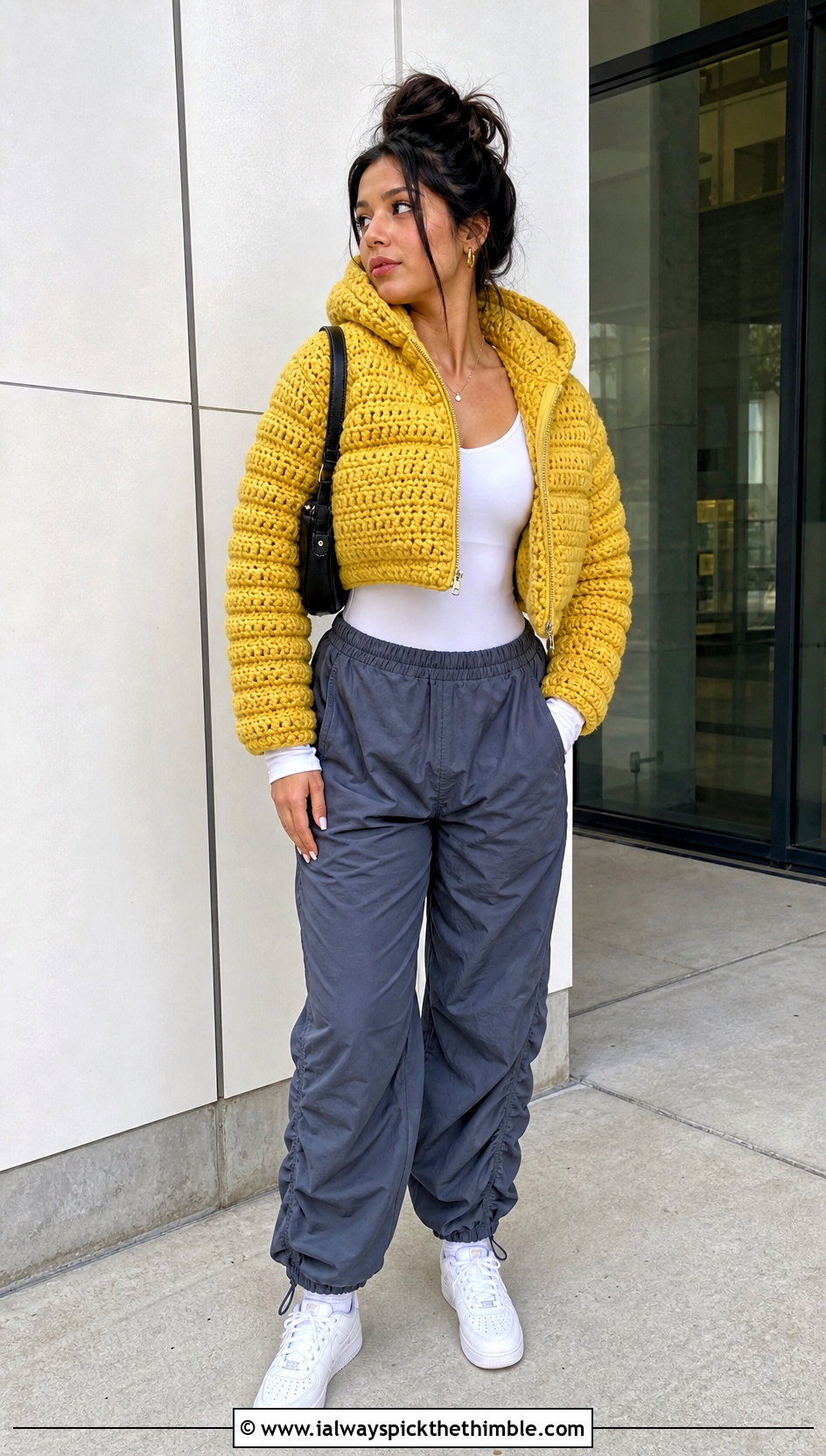 Cropped Hooded Crochet Puffer Jacket With Parachute Pants - 25 crochet puffer jacket outfit ideas