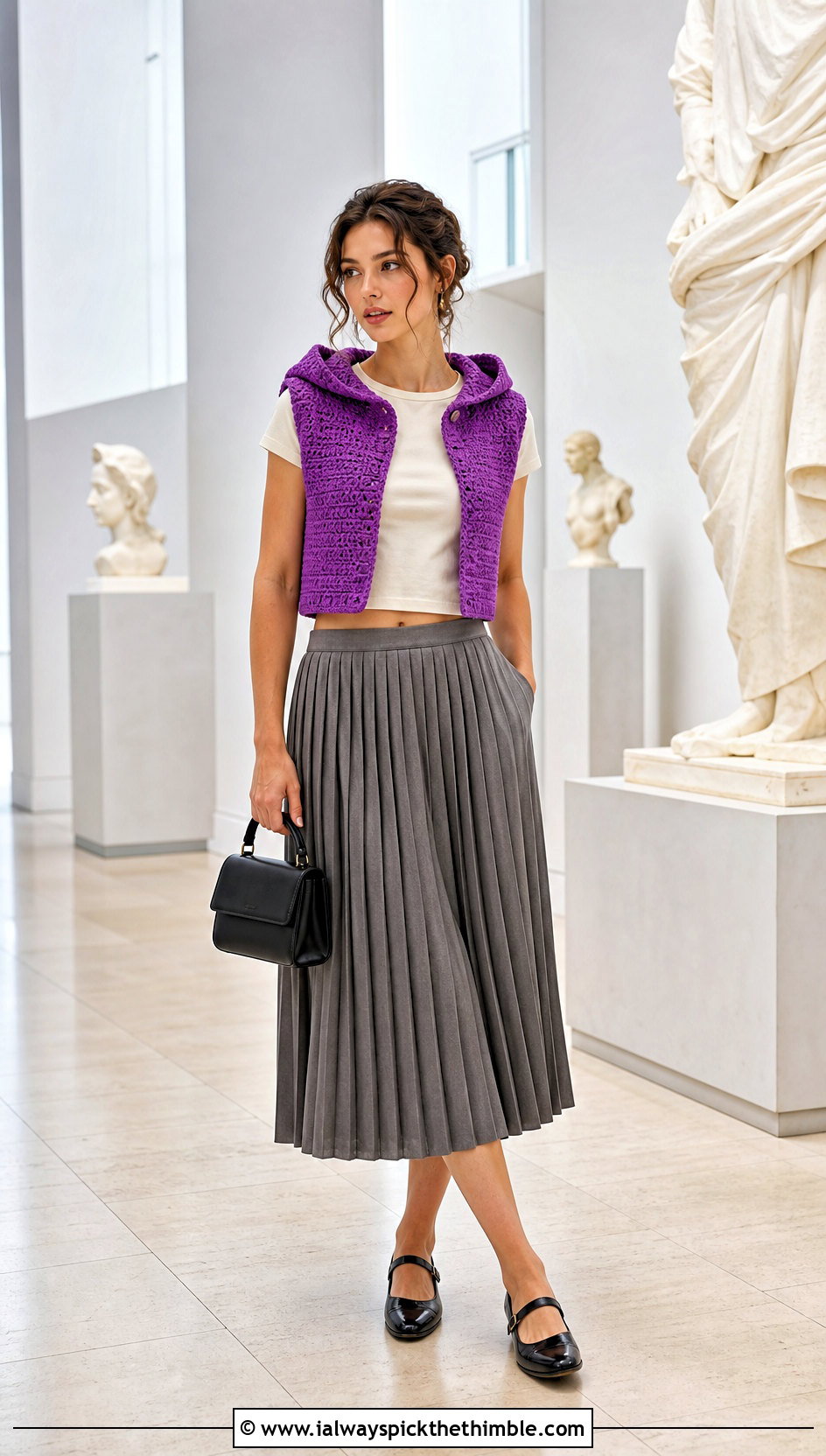 Cropped Hooded Crochet Vest With Pleated Midi Skirt - 20 crochet vest with hood outfit ideas