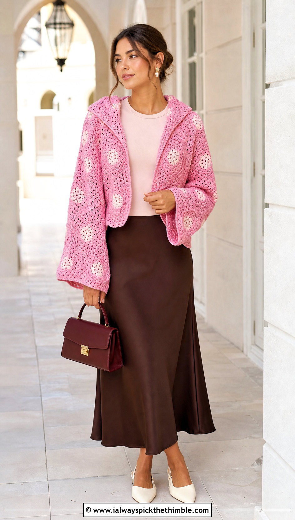 Cropped Hooded Hexagon Cardigan With Satin Midi Skirt - 20 Crochet Hexagon Cardigan With Hood outfit ideas