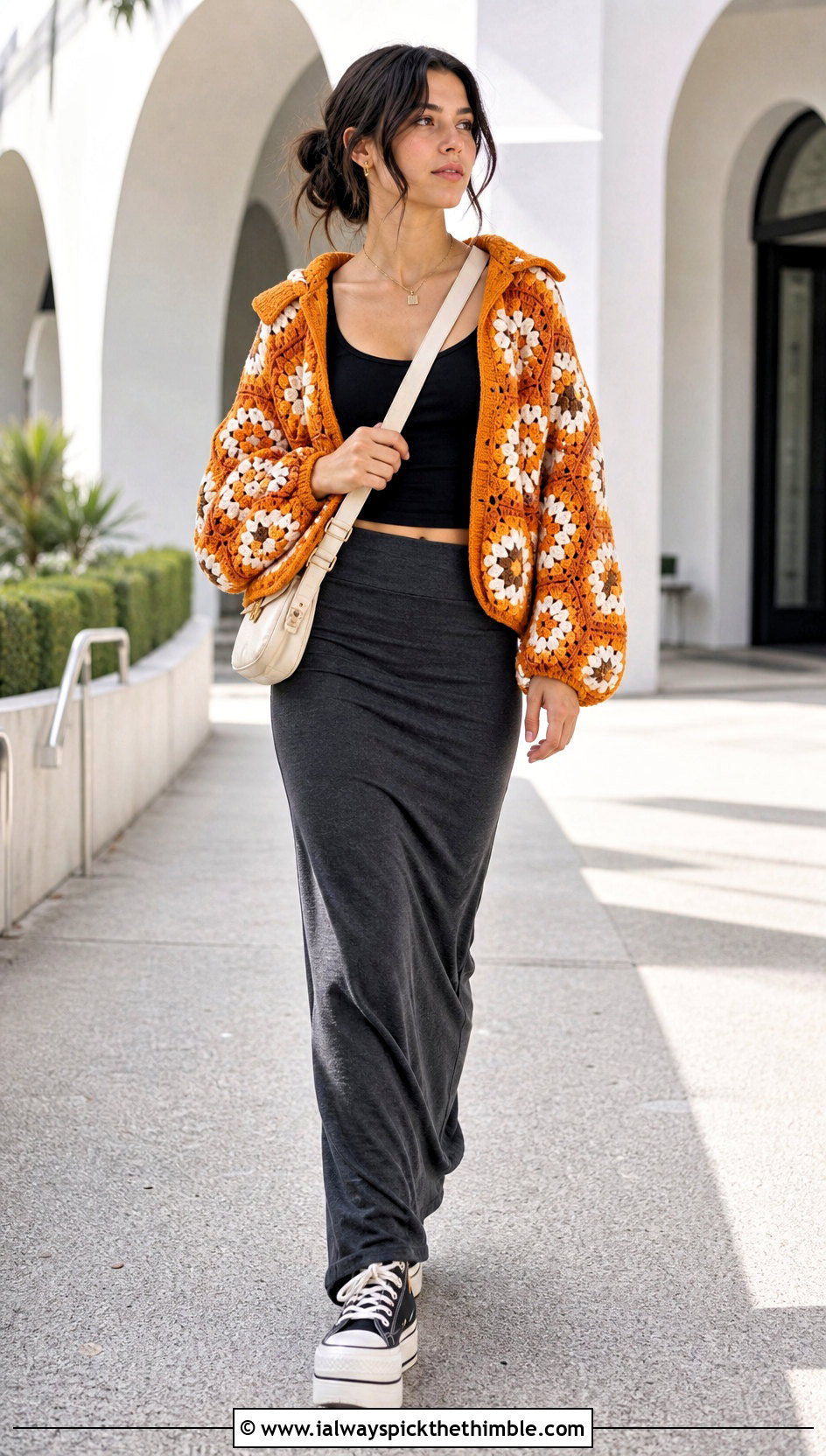 Cropped Hooded Hexagon Granny Square Cardigan With Maxi Skirt - 25 hexagon granny square cardigan outfit ideas