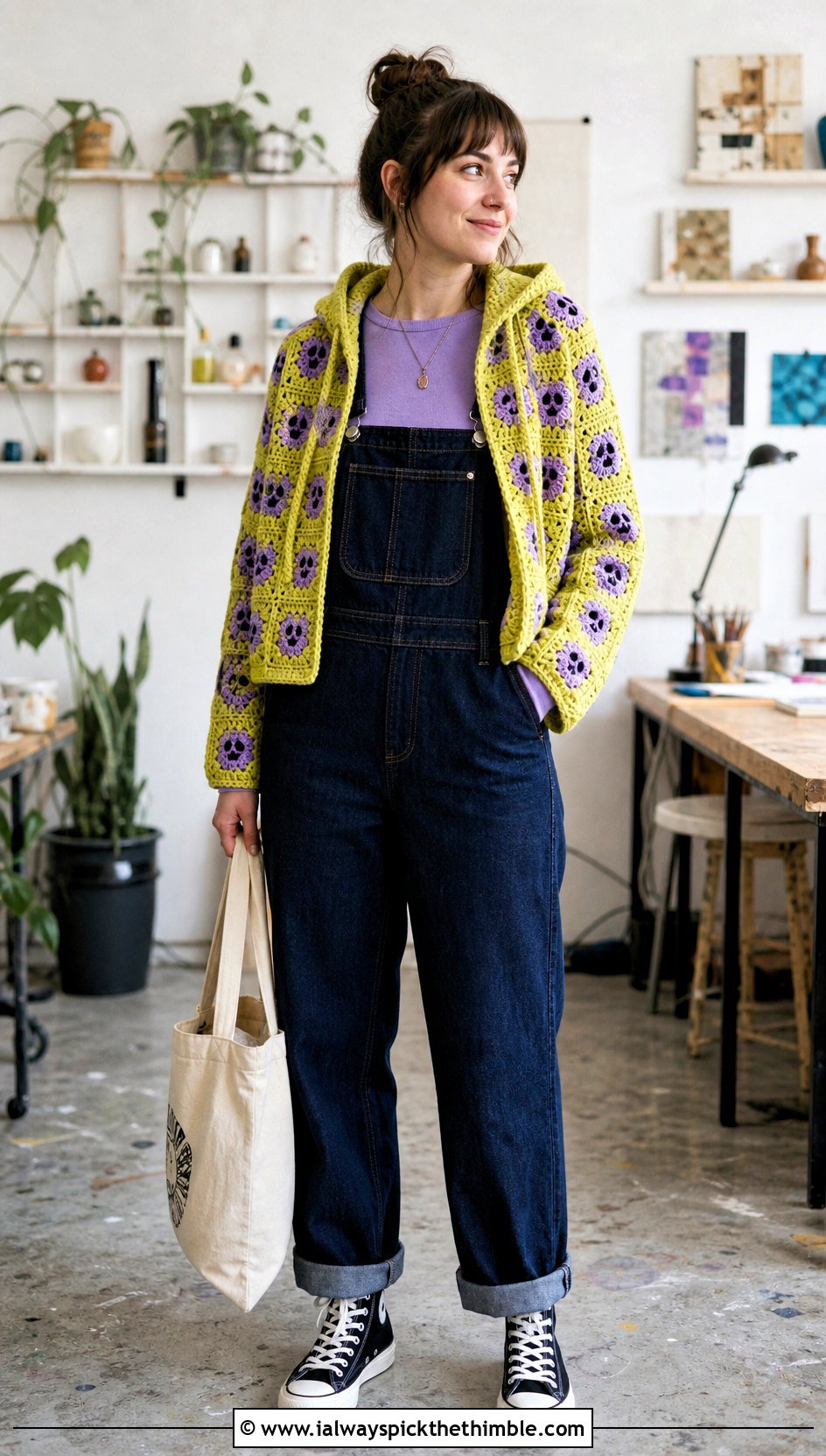 Cropped Hooded Skull Granny Square Cardigan With Overalls - 20 skull granny square cardigan outfit ideas