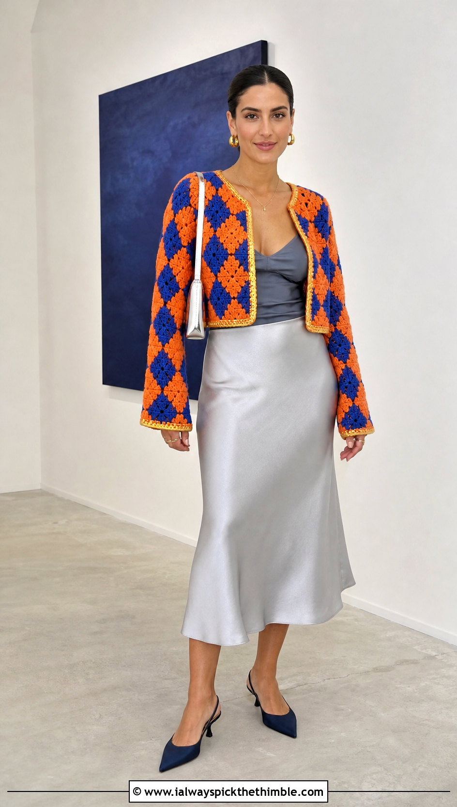 Cropped Howl Crochet Cardigan With Satin Midi Skirt - 20 Howl Crochet Cardigan outfit ideas