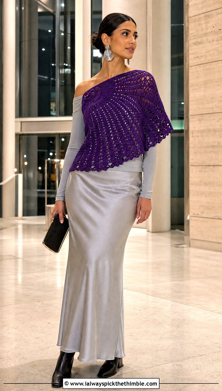 Cropped Katniss Shawl With Satin Maxi Skirt - 20 Crochet Katniss Shawl outfit ideas
