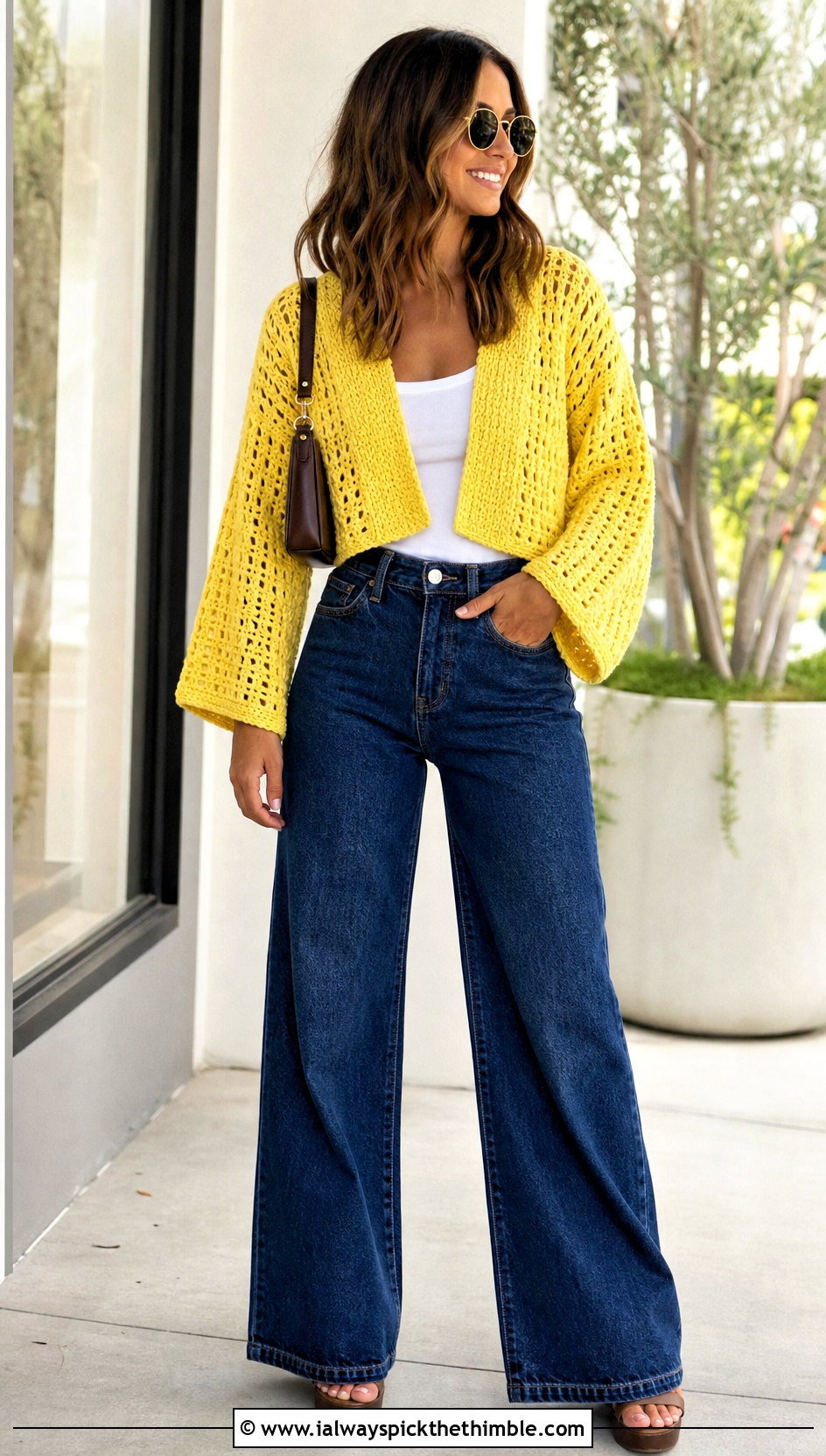 Cropped Kimono Crochet Cardigan With Wide Leg Jeans - 20 kimono crochet cardigan outfit ideas