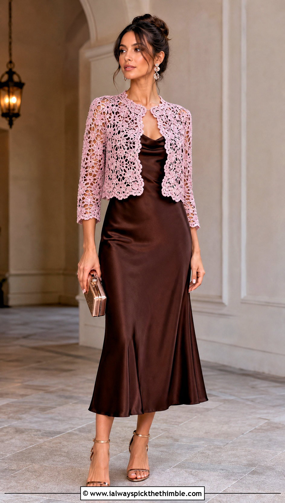 Cropped Lace Crochet Jacket With Satin Slip Dress - 20 crochet jacket for ladies outfit ideas