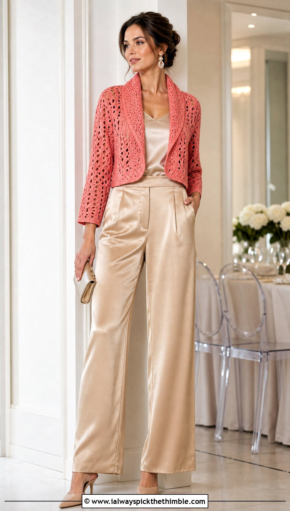 Cropped Lace Crochet Shawl Collar Sweater With Satin Pants - 20 Crochet Shawl Collar Sweater outfit ideas