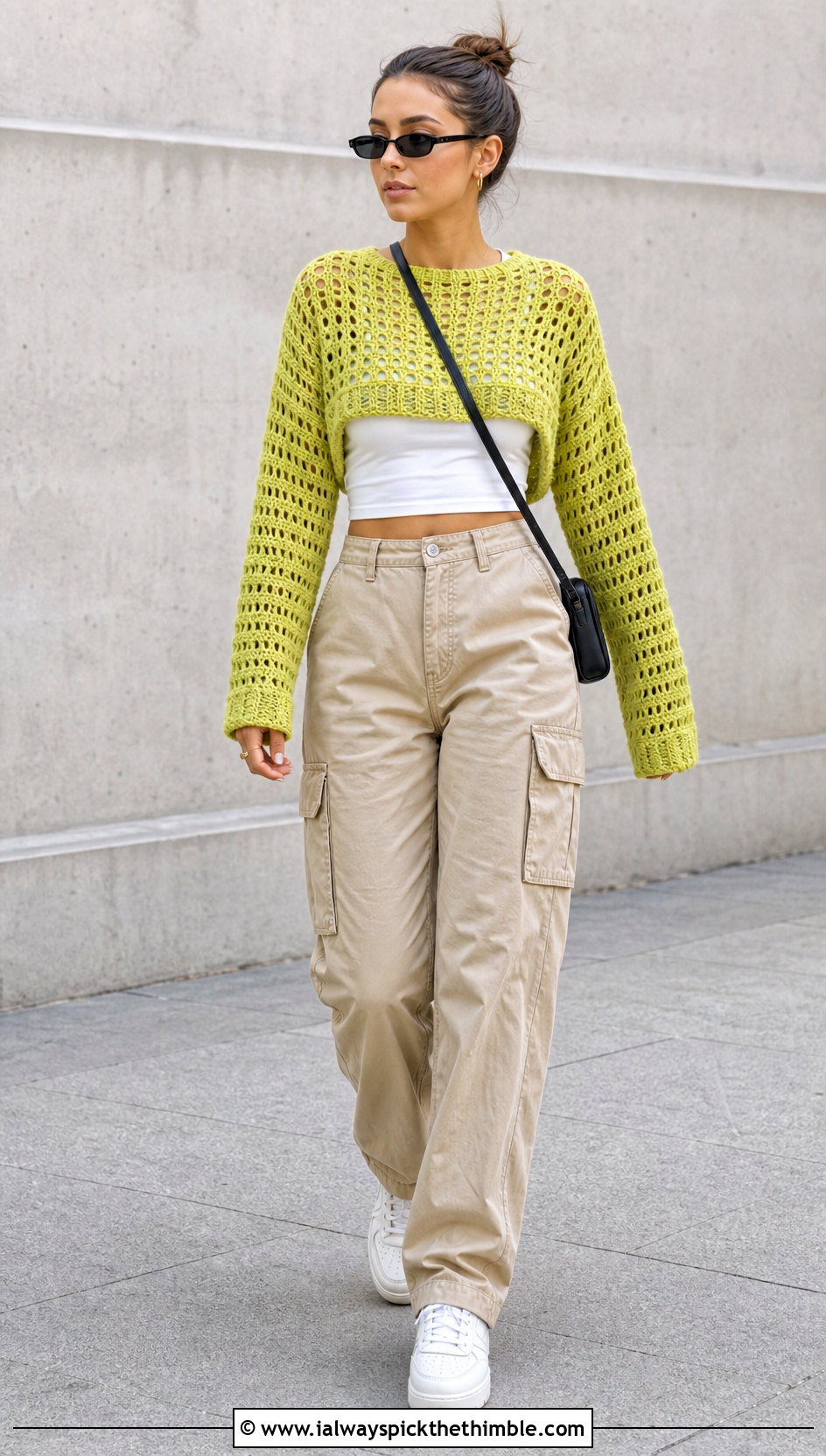 Cropped Lace Weight Crochet Sweater With Cargo Pants - 15 Lace Weight Crochet Sweater outfit ideas