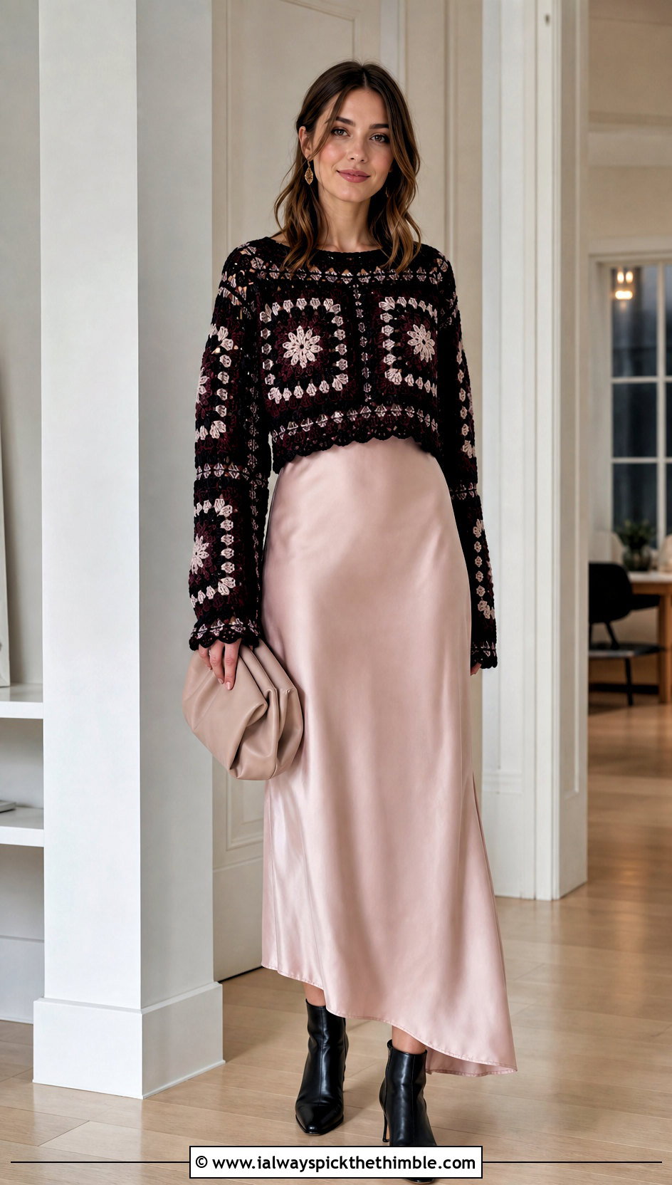 Cropped Large Granny Square Sweater With Slip Dress - 25 large granny square sweater outfit ideas