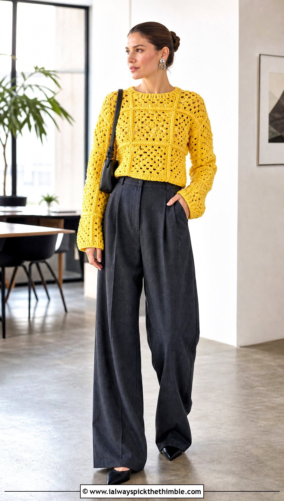Cropped Large Granny Square Sweater With Wide Leg Trousers - 25 large granny square sweater outfit ideas