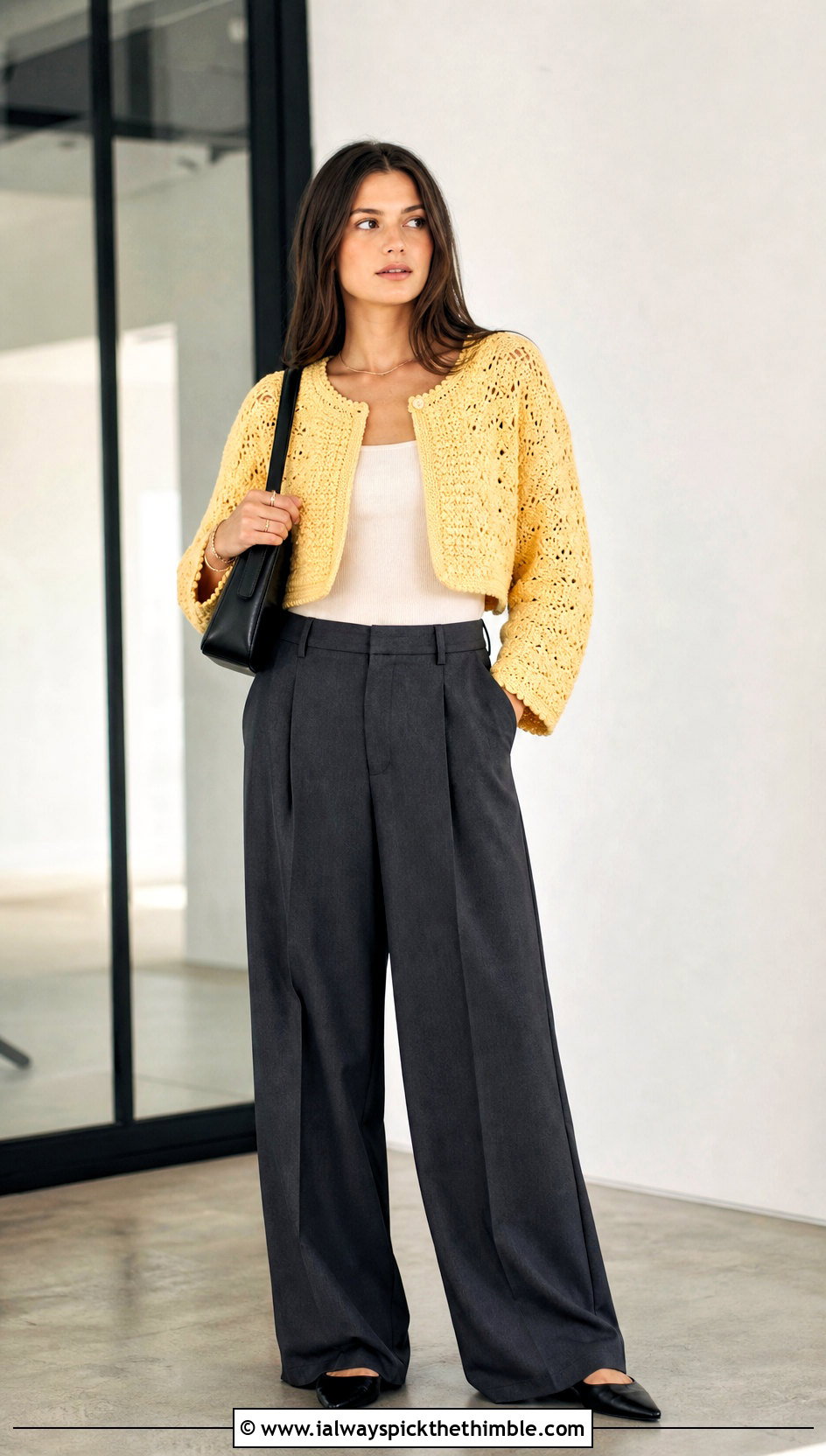 Cropped Lightly Toasted Crochet Cardigan With Wide Leg Trousers - 20 lightly toasted crochet cardigan outfit ideas