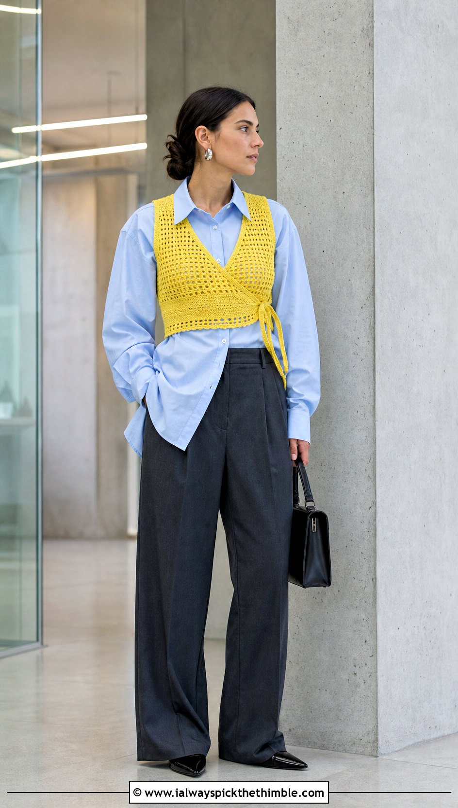 Cropped Livingstone Crochet Vest With Poplin Shirt And Trousers - 15 livingstone crochet vest outfit ideas