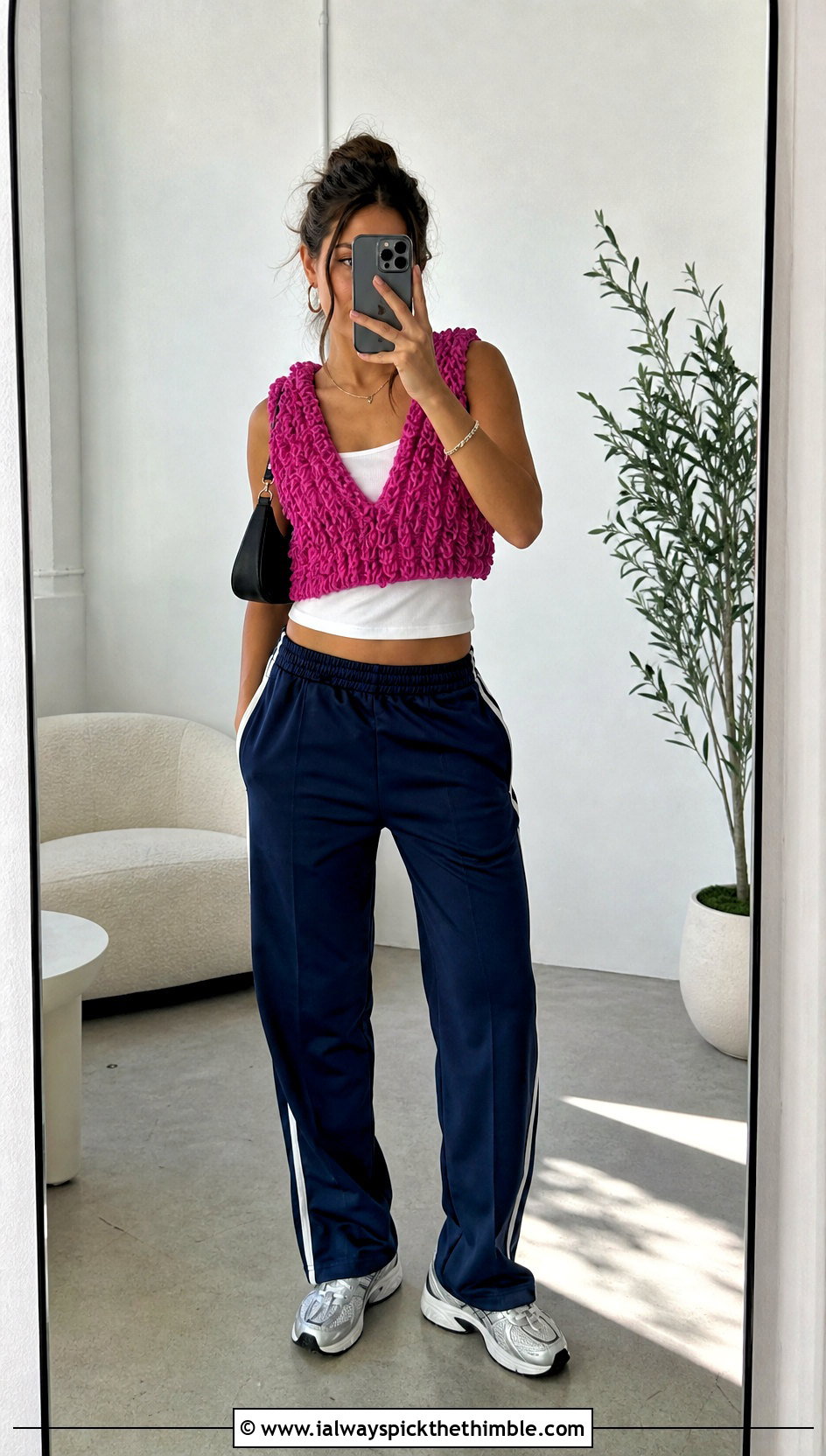 Cropped Loopy Crochet Tank Vest With Track Pants - 15 loopy crochet vest outfit ideas